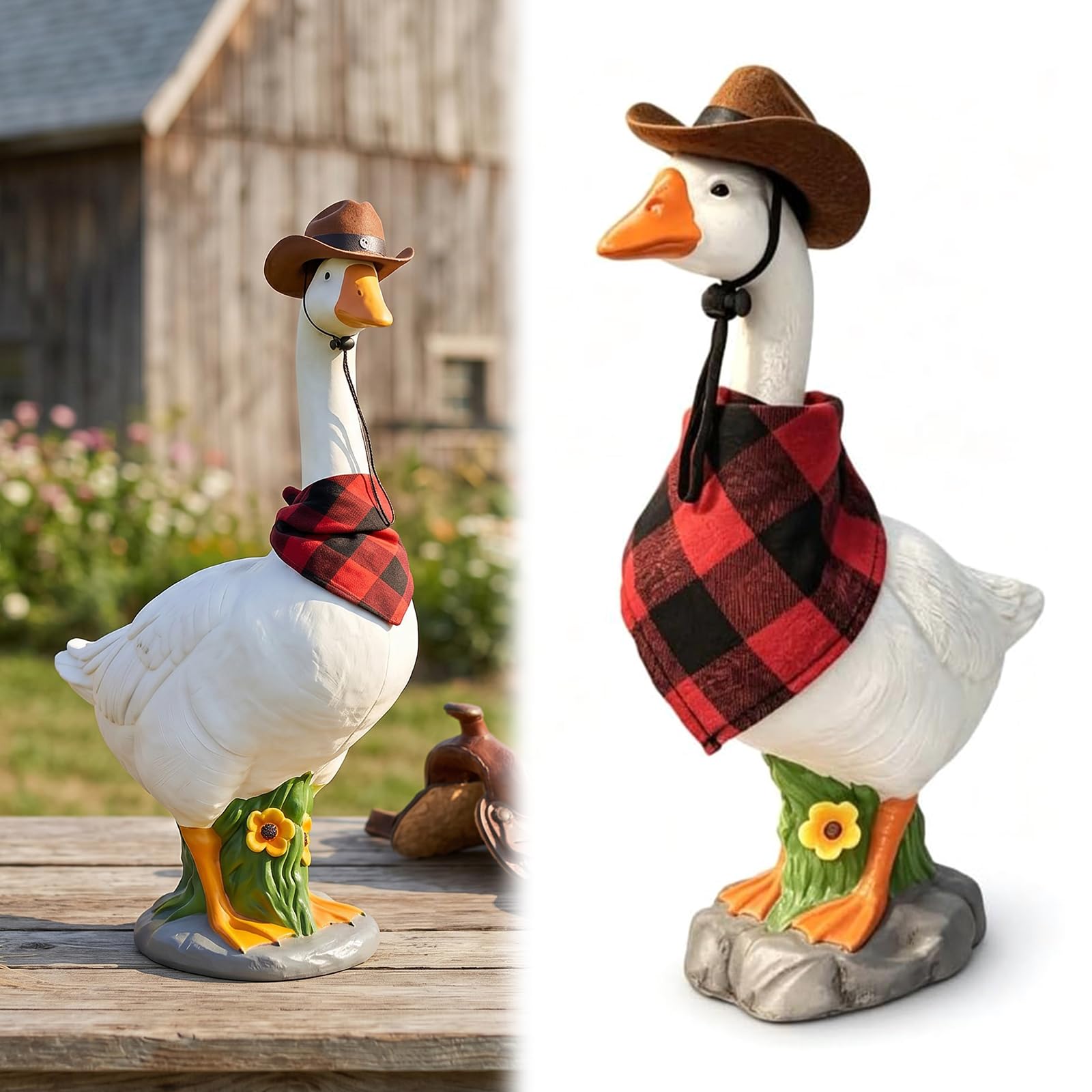 AVZYARDY Resin Realistic Large Porch Goose Statue, Porch Goose Statue Garden Decor, Artificial Animals Standing Sculpture with Removable Cowboy Hat & Pañuelo for Indoor Outdoor Decorations