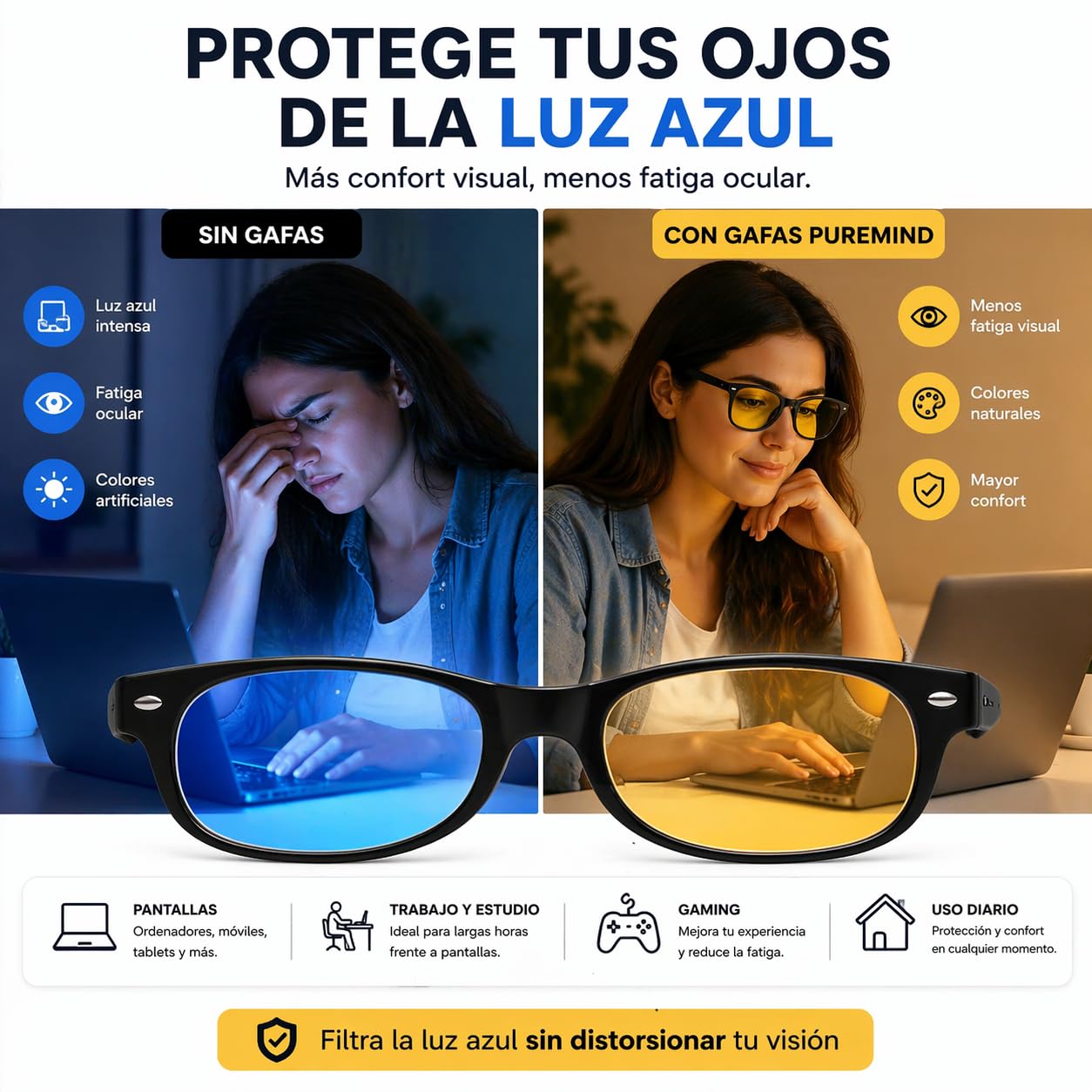 Puremind Gafas Luz Azul Unisex – Anti Luz Azul para Ordenador + Pantalla y Gaming - Gafas Protección Pantallas de Ordenador + Antifatiga y Filtro Azul - Blue Light Blocking Glasses