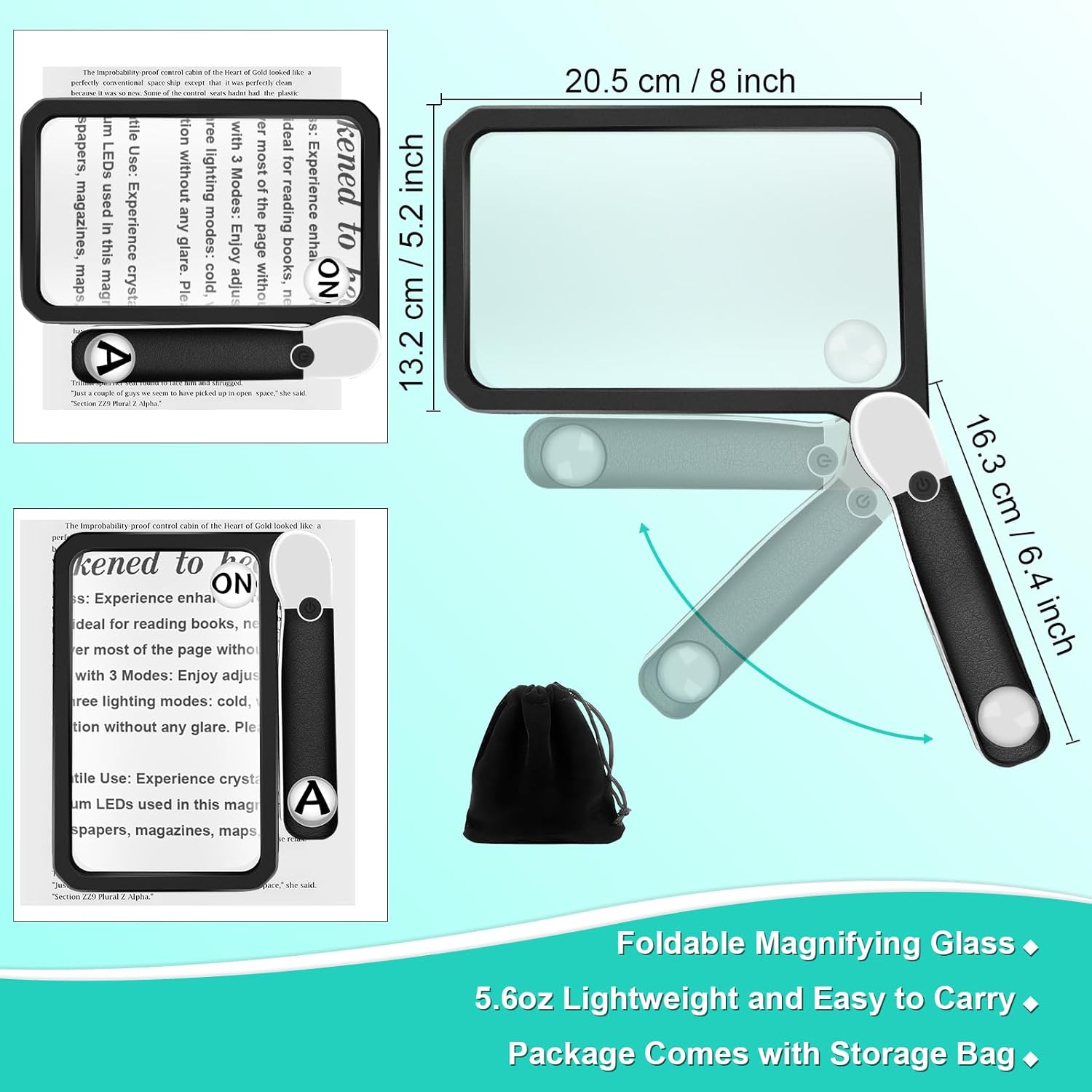 30X 10X 5X Large Magnifying Glass with Light, Rechargeable Foldable Full Book Page Magnifier, 48 LED Light Small Print Magnifier Sheet Lightweight for Low Visual Person and Seniors (Black)