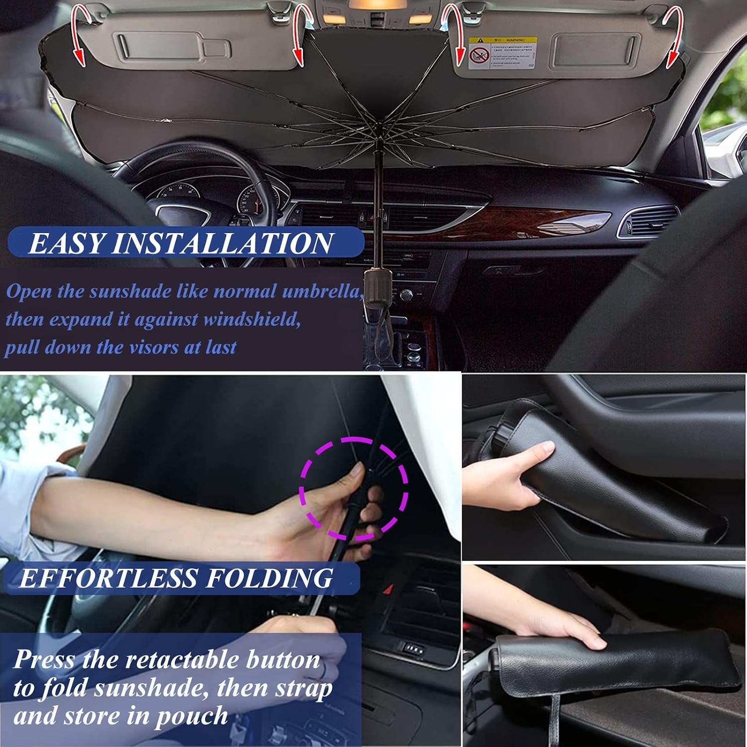 Windshield Sun Shade Umbrella for Car | Foldable Front Sun Visor Protector | Windshield Sunshade Cover | Automotive Interior Accessories for Block UV Rays & Heat | Keep Your Car Cool (55''x 31'')