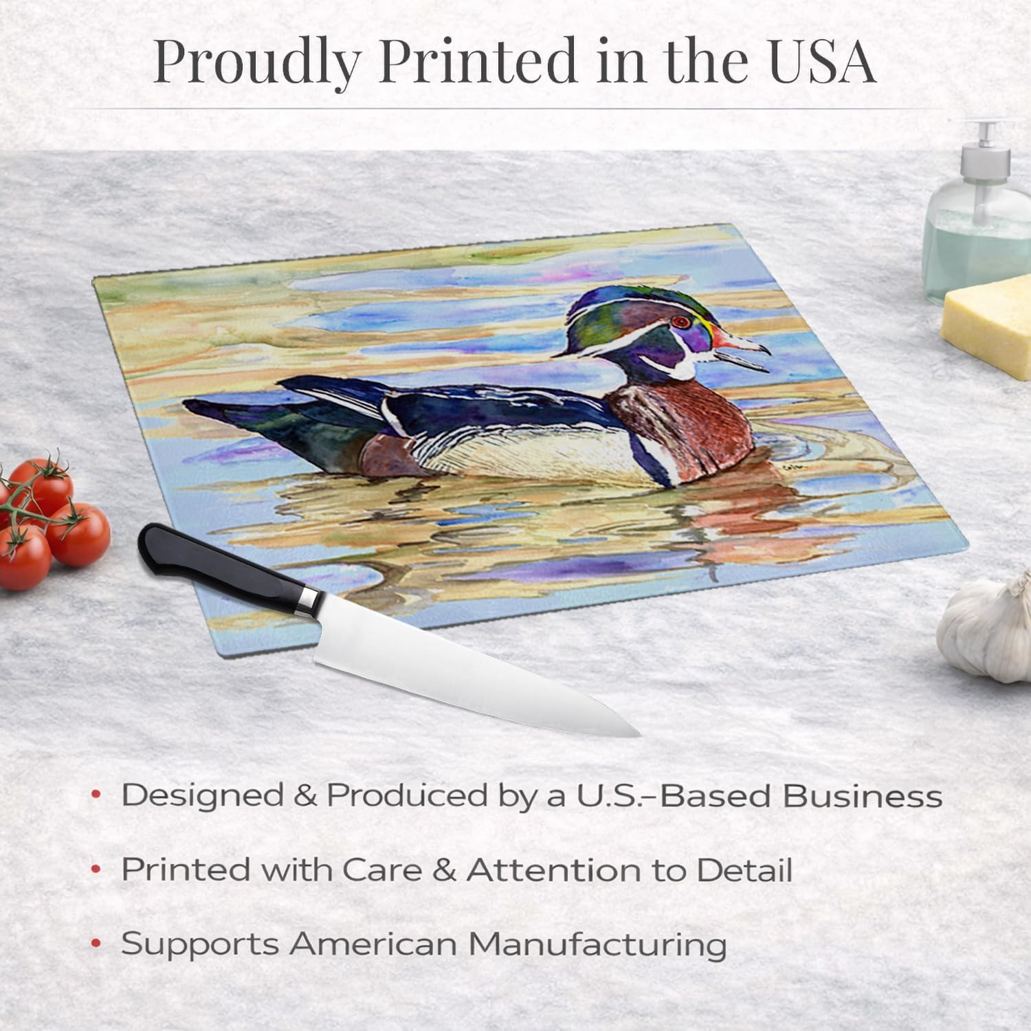 Caroline's Treasures 8831LCB Wood Duck Glass Cutting Board Large Decorative Tempered Glass Kitchen Cutting and Serving Board Large Size Chopping Board