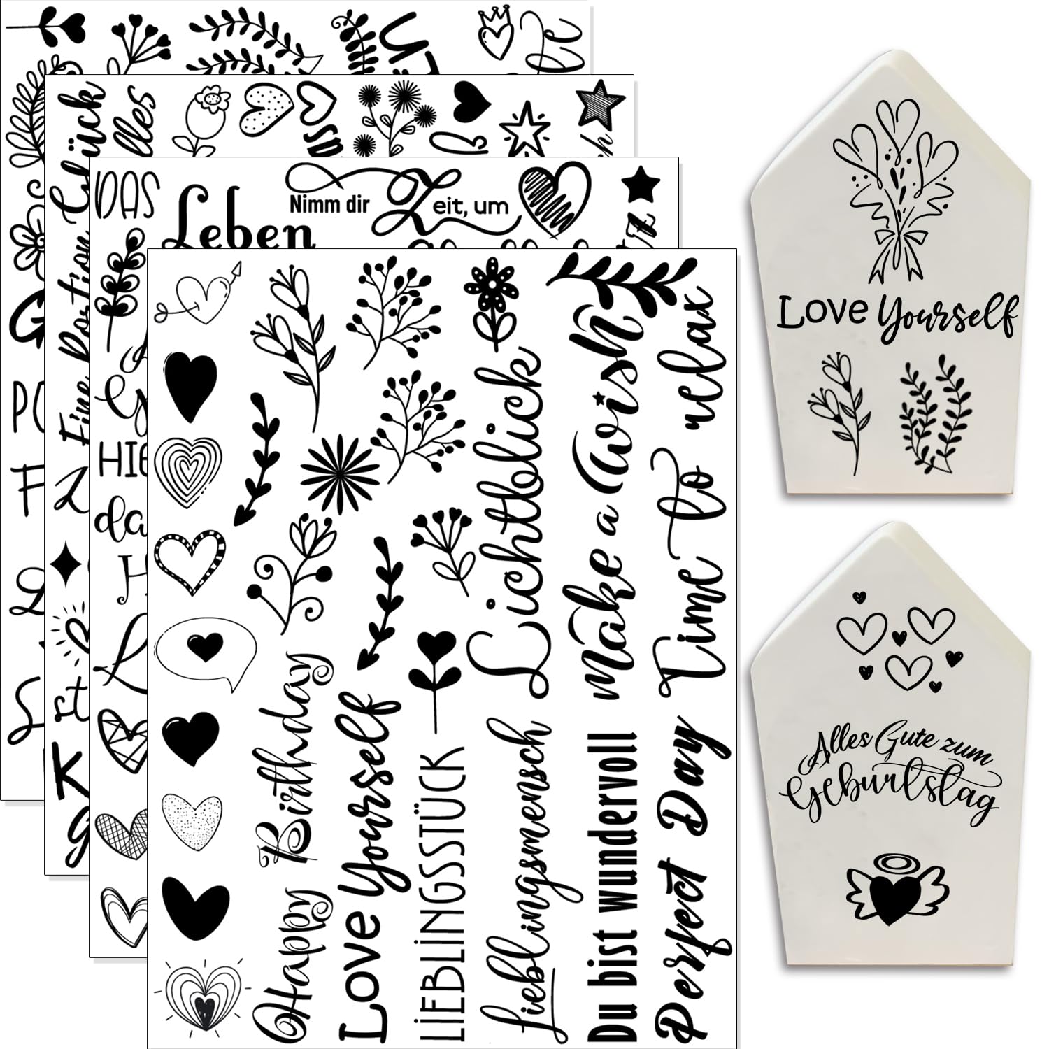 Hongma Rub On Sticker ca.A5 19x14cm-Großformat Transfers 4PCS Sprüche für Raysin für Keraflott Möbel Glas Holz DIY Deko Rub On Folie Rubons Aufkleber Alltag