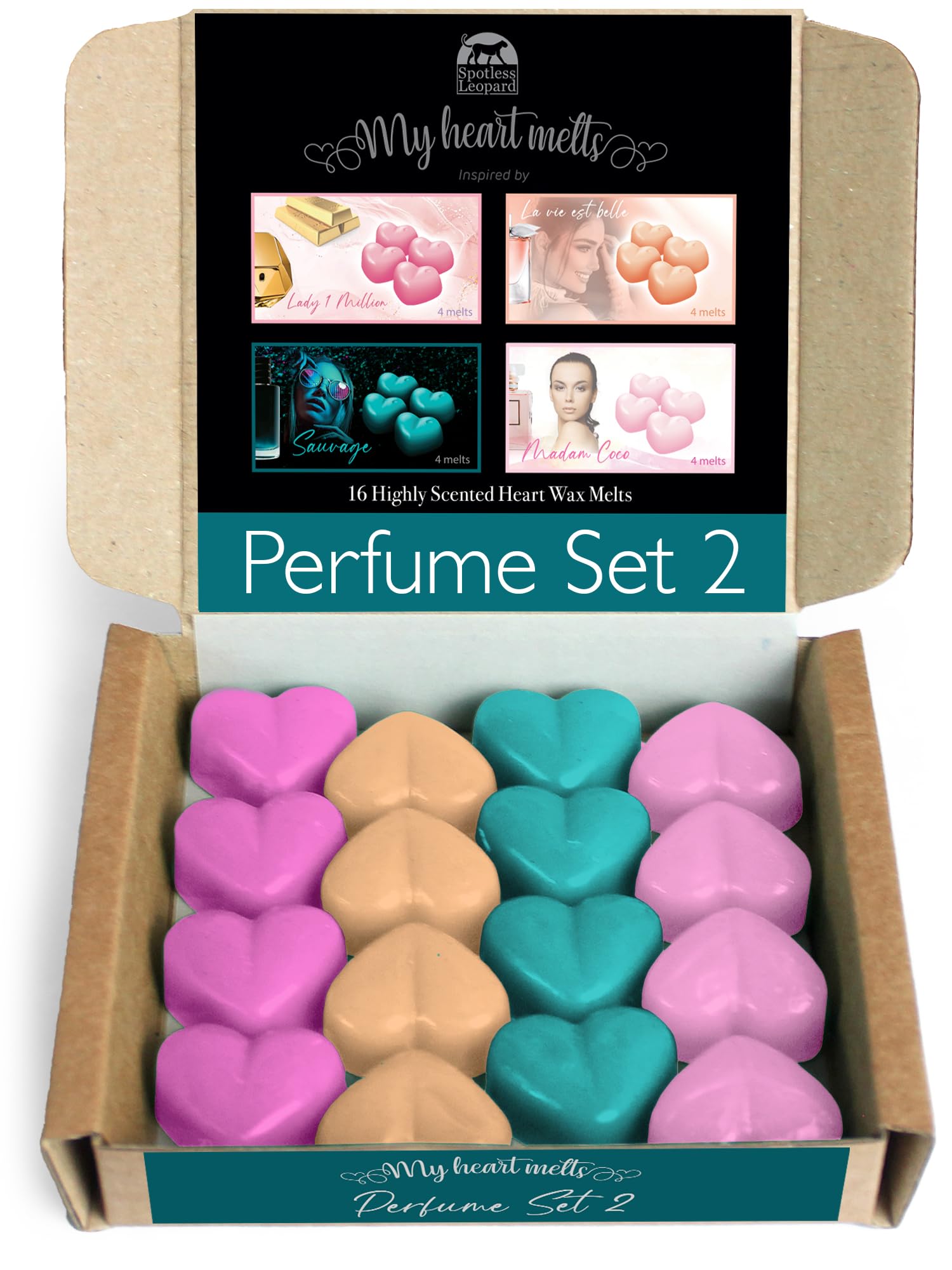 Spotless Leopard Men's Mixed Perfume Set 2 Mixed Perfume Wax Melts Gift Set; 16 X 6G Heart Shaped Wax Melts Inspired By Madam Coco, Sauvage, La Vie Est Belle & Lady 1 Million, Pet Friendly By