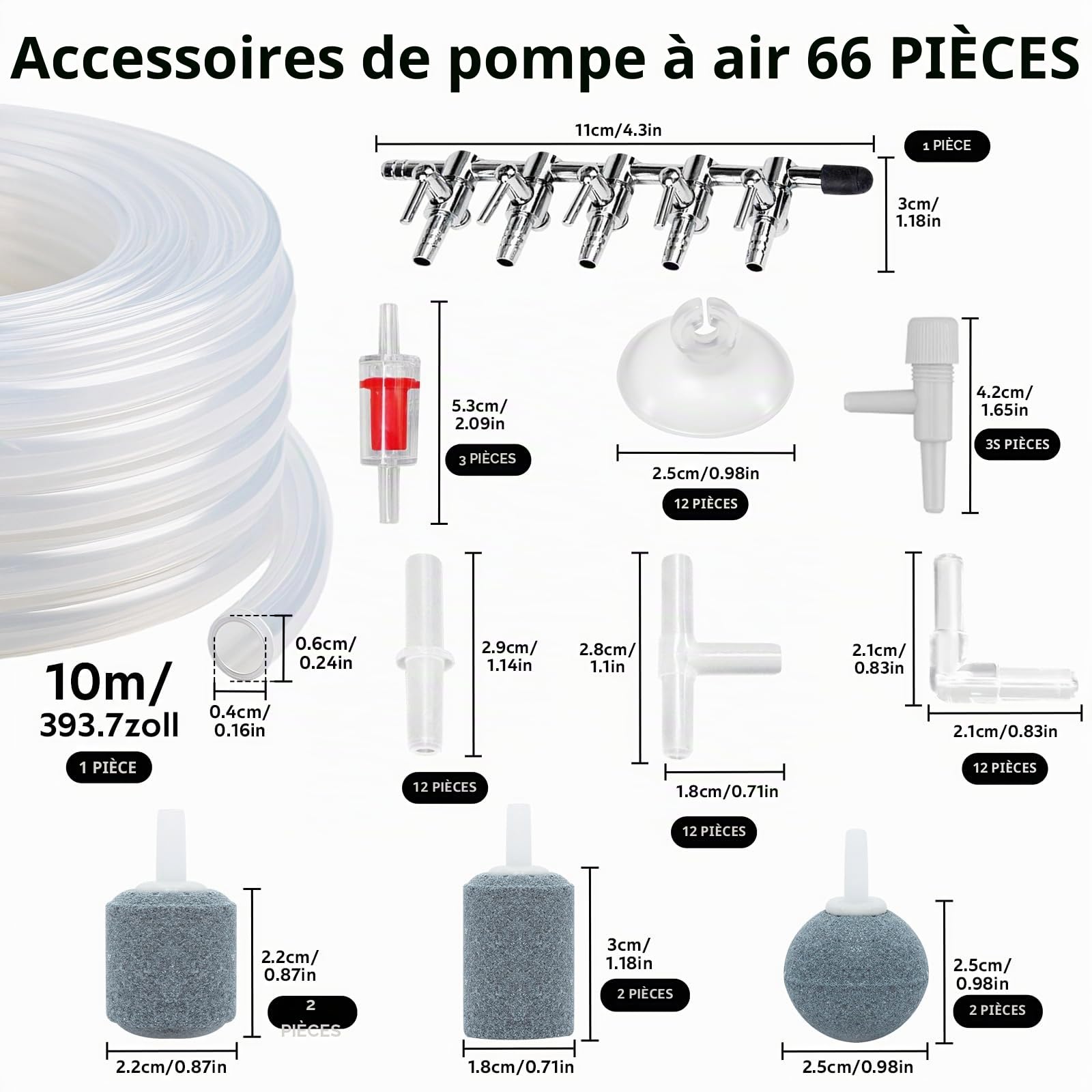 66PCS Accessoires de Pompe à Air pour Aquarium, 5 Voies Séparateur De Flux d'air, 10M Air Line Tube Tuyau, Pierre à Air, valves Anti-Retour, Ventouse, Valves de Contrôle et I/T/L Connecteurs