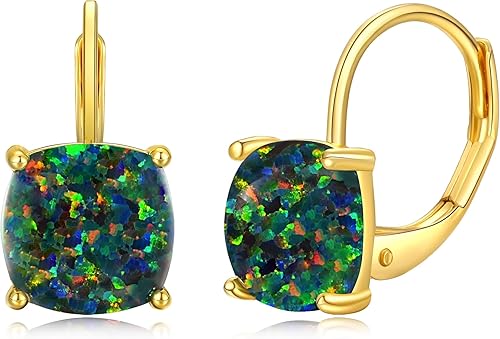CiNily Aretes colgantes para mujeres y niñas, hipoalergénicos, chapados en oro de 14 quilates, aretes con dije cuadrado de ópalo, aretes de palanca