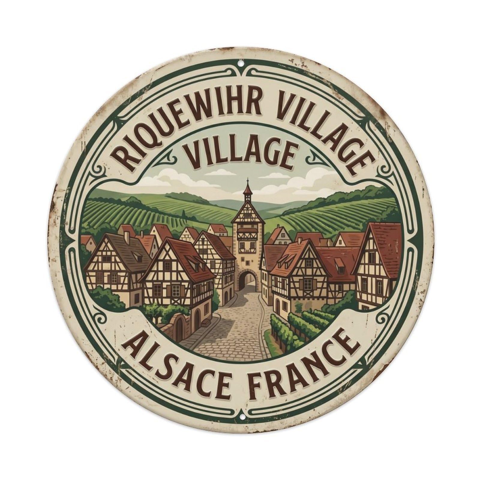 Riquewihr Village Alsace France Wine Metal Tin Sign Plaque Wall Decor for Cafe, Club Bar, Office, Home Garden Round Metal Poster 8x8Inch