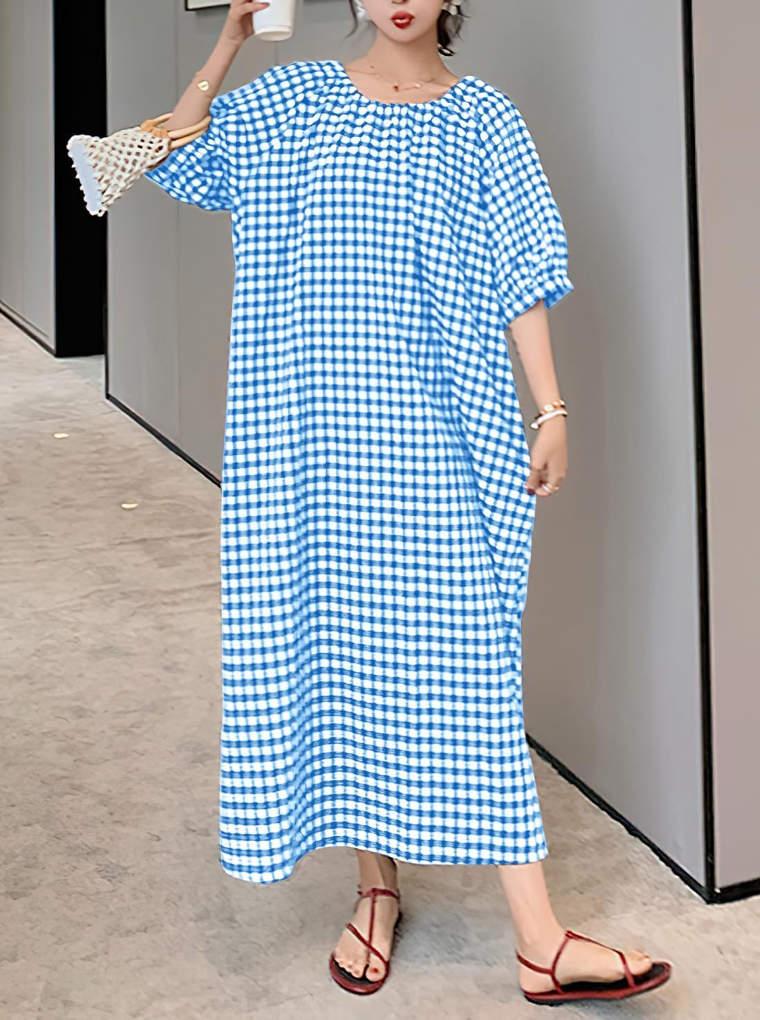 chouyatou Women's Casual Gingham Loose-Fit Swing Dress Cotton Lantern Puff Sleeve Plaid Midi Long Dress - Image 6