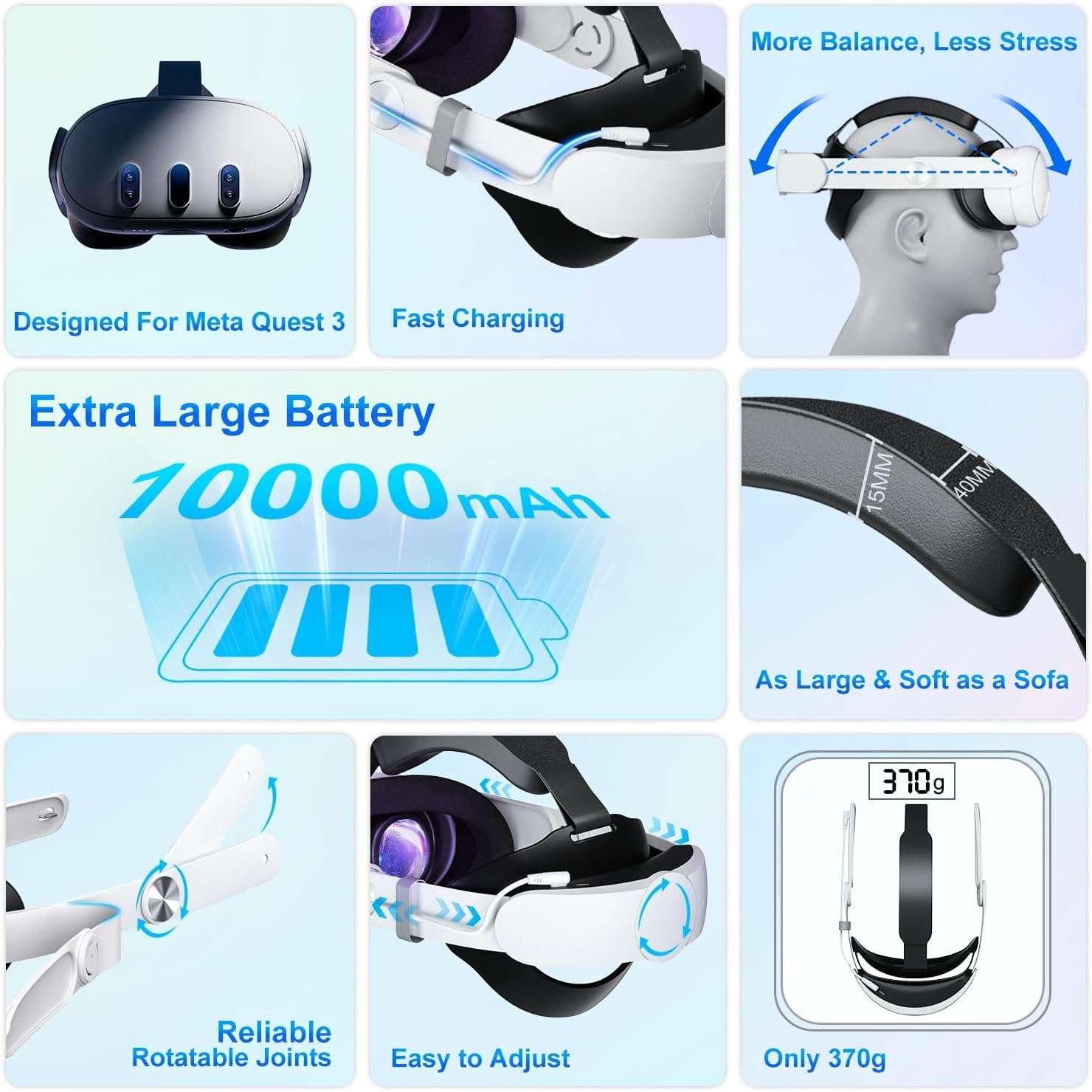 Fascia per batteria per Quest 3, 10000 mAh, accessorio per cuffie VR per Quest 3, comoda cinghia regolabile per la testa con tempo di riproduzione esteso per accessori Quest 3