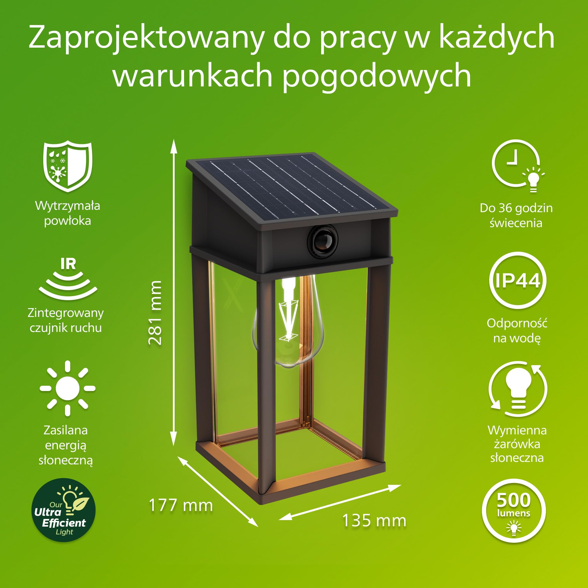 Philips Geri UltraEfficient Zewnętrzna Solarna Lampa Ścienna, Wymienna Żarówka Solarna, Czujnik Ruchu, 2700K, Kwadratowa, Czarna