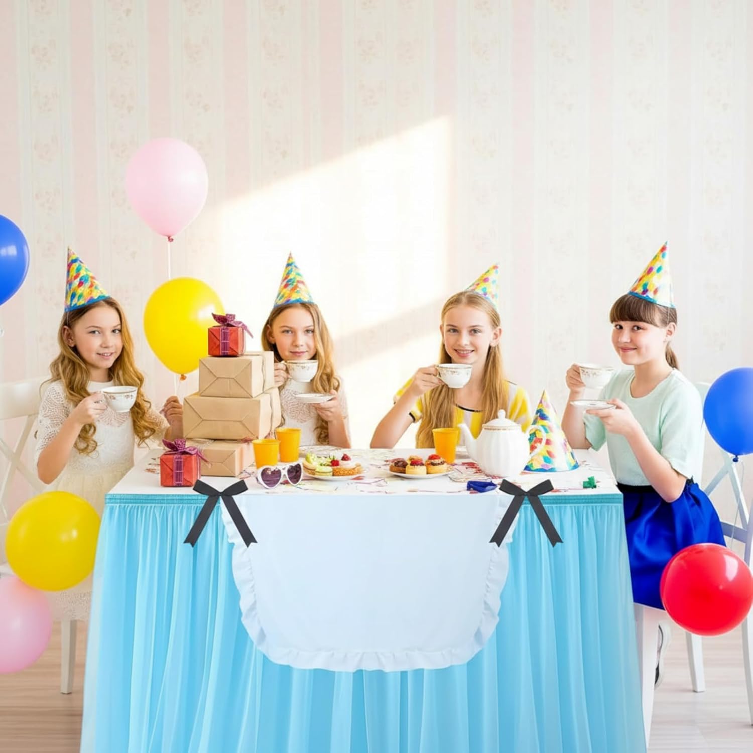 5 Pcs Wonderland Party Decorations Wonderland Table Cloth Blue Mesh Table Group, White Tablecloth Black Bow for Tea Party Celebrations Birthday Mother's Day