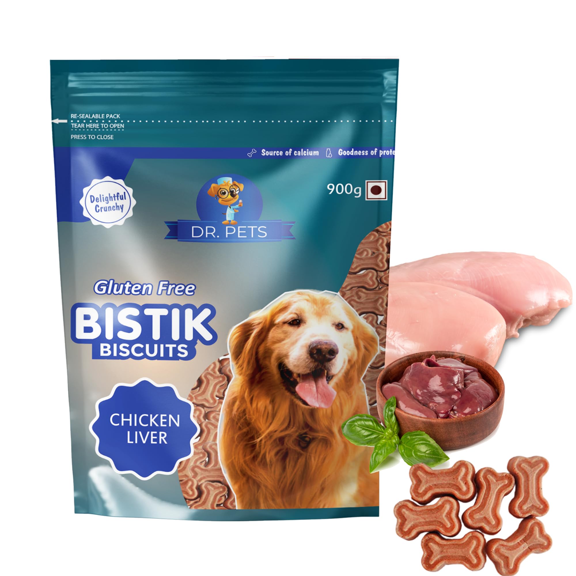 Dr. Pets BISTIK Biscuits Chicken Liver (Gluten Free) Delightful & Crunchy Chicken, Liver 0.9 kg Dry Adult, Young, Senior Dog Food