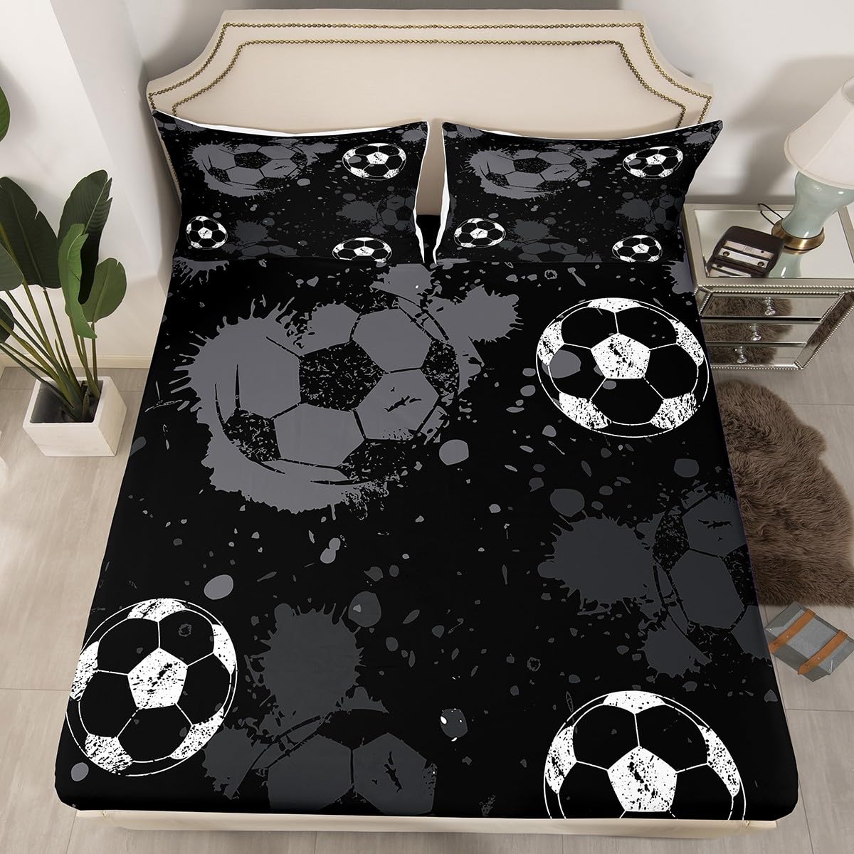 jejeloiu Soccer Fitted Sheet Full Size Kids Football Bed Sheets Set for Boys Girls Teens Sports Gaming Bedding Set Room Decor