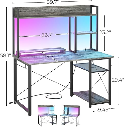 Miniatura 2 de Cyclysio Escritorio Gaming con Estantería Superior, Escritorio para Computadora de 39 pulgadas con Luces LED y Tomas de Corriente, Escritorio de