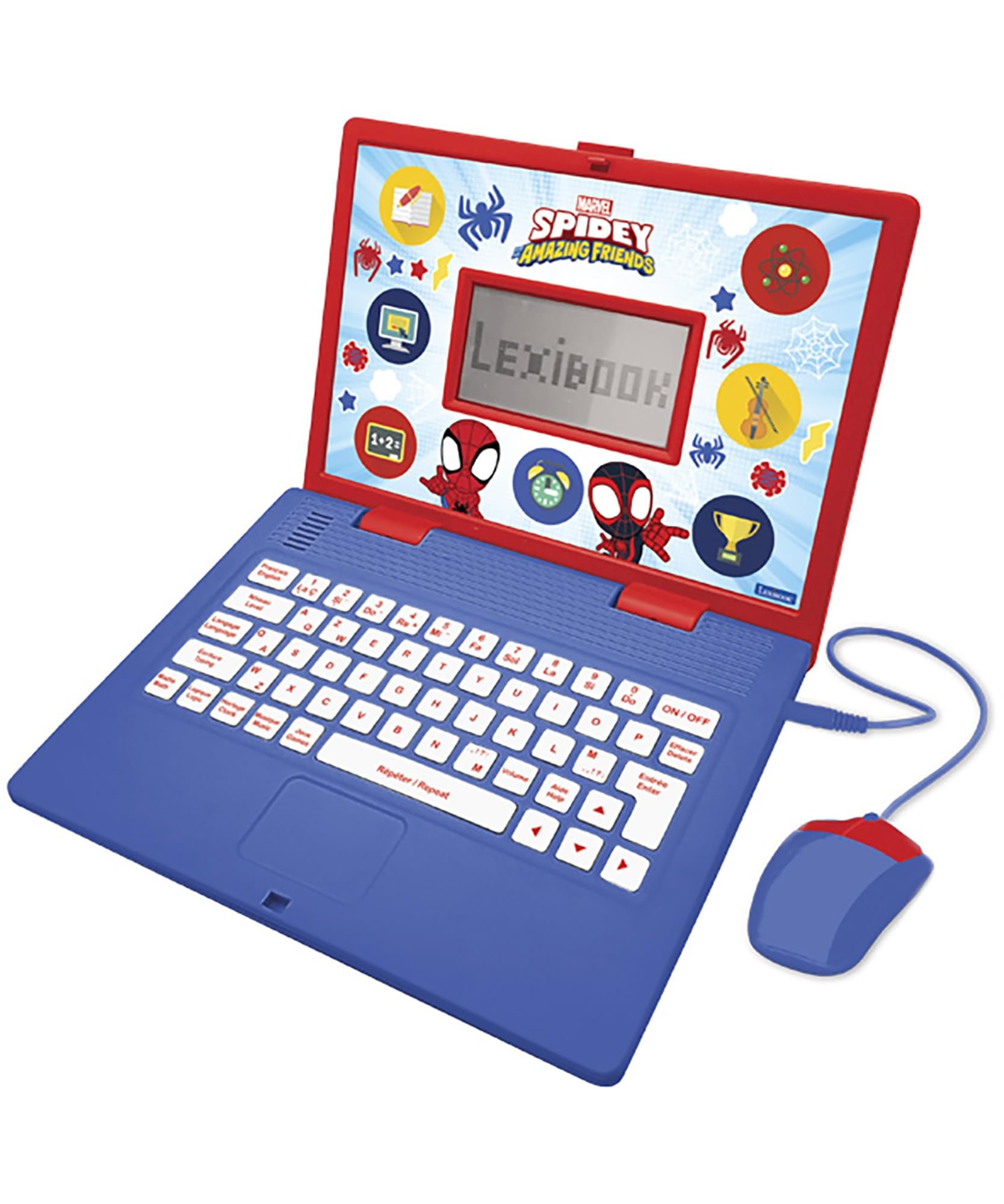 Lexibook, Spidey i jego niesamowici przyjaciele, dwujęzyczny i edukacyjny laptop francuski/angielski, zabawka dla dzieci, 170 zajęć do nauki, czerwony/niebieski, JC599SPi1LXB