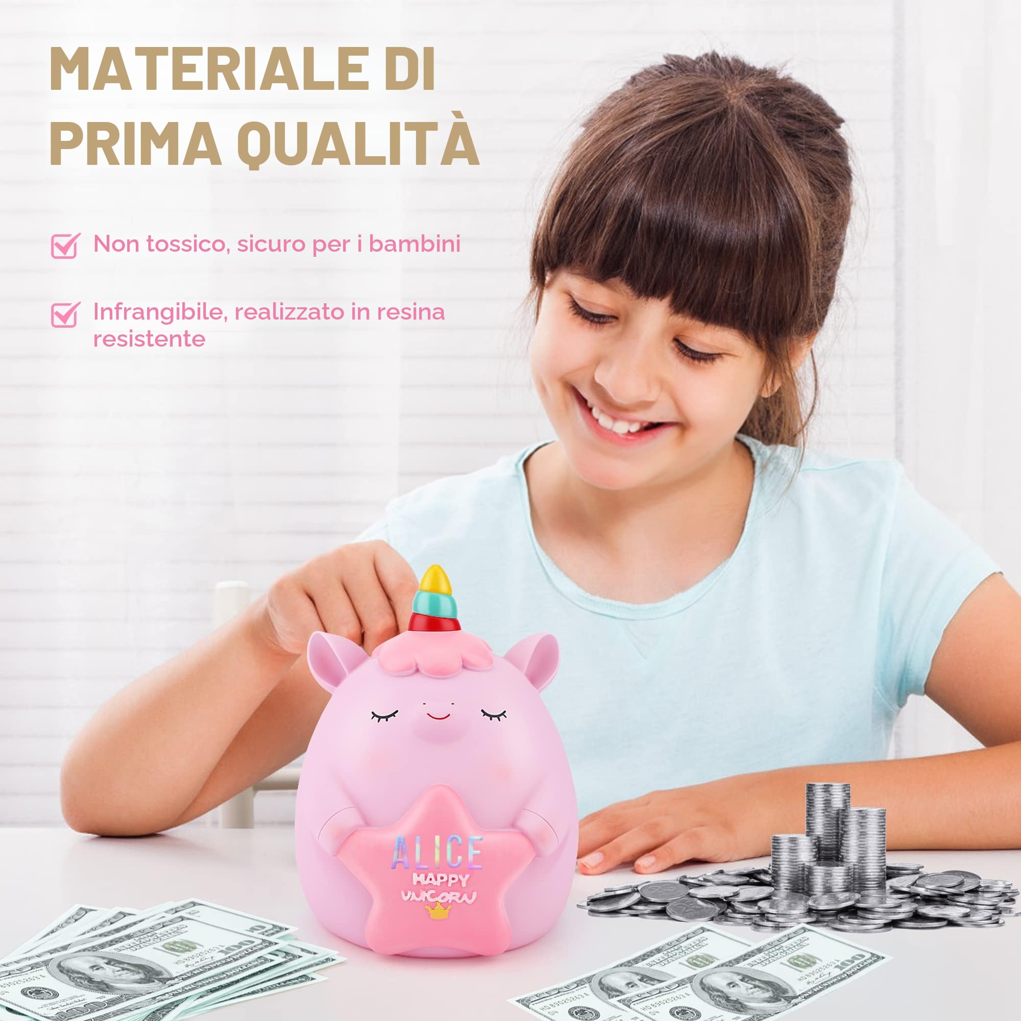 TCJJ Salvadanaio Per Bambini, Salvadanaio A Forma Di Unicorno Per Ragazza, 2 Lettere Dell'Alfabeto E 2 Adesivi Con Strass E Braccialetto Con Unicorno, Regalo Per Compleanno, Natale