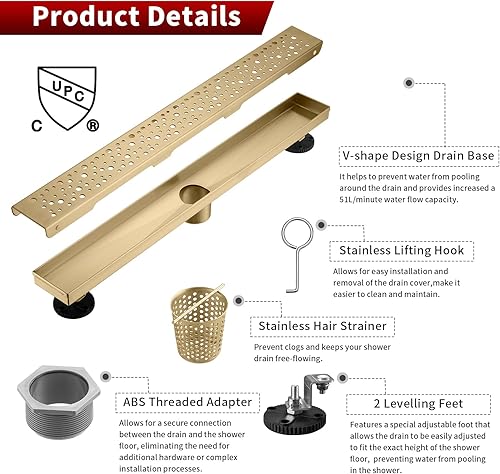 Miniatura 5 de Sharp-tec Drenaje lineal de ducha de 32 pulgadas, drenaje rectangular dorado, certificado por cUPC, acero inoxidable 304, fácil de instalar y