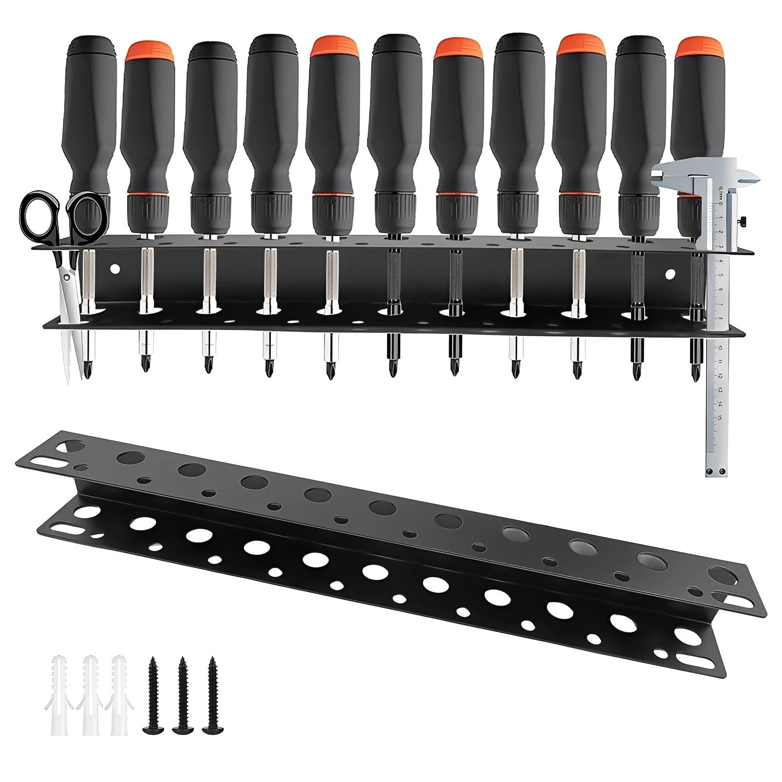 WJUAN 40cm Wall Tool Organiser — Screwdriver Holder with 21 Holes & 2 Caliper Slots, Black — Tool Rack for Garage & Workshop