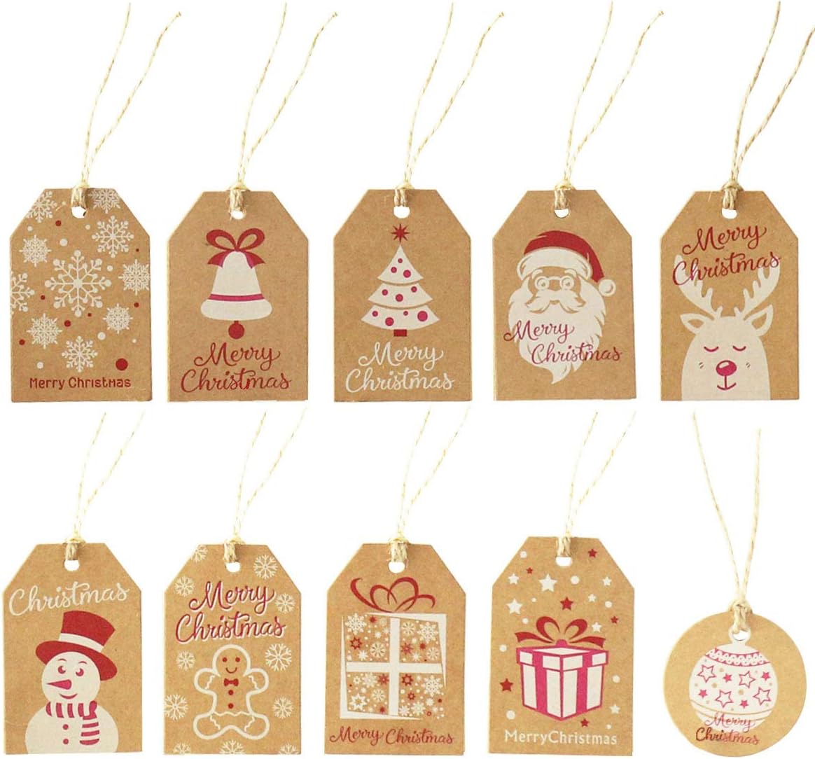 WesGen Christmas Gift Bags,40Pcs Santa Wrapping Bag in 4 Sizes and 100 Pack Brown Kraft Paper Christmas Gift Tags