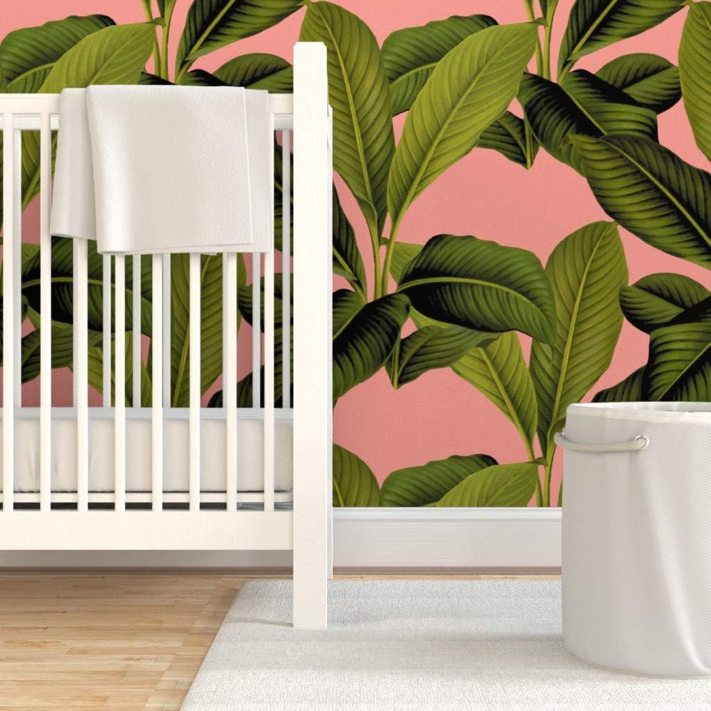 Peel & Stick Wallpaper Swatch - Palm Botanical Coral Leaves Tropical Green Banana Leaf Custom Removable Wallpaper by Spoonflower