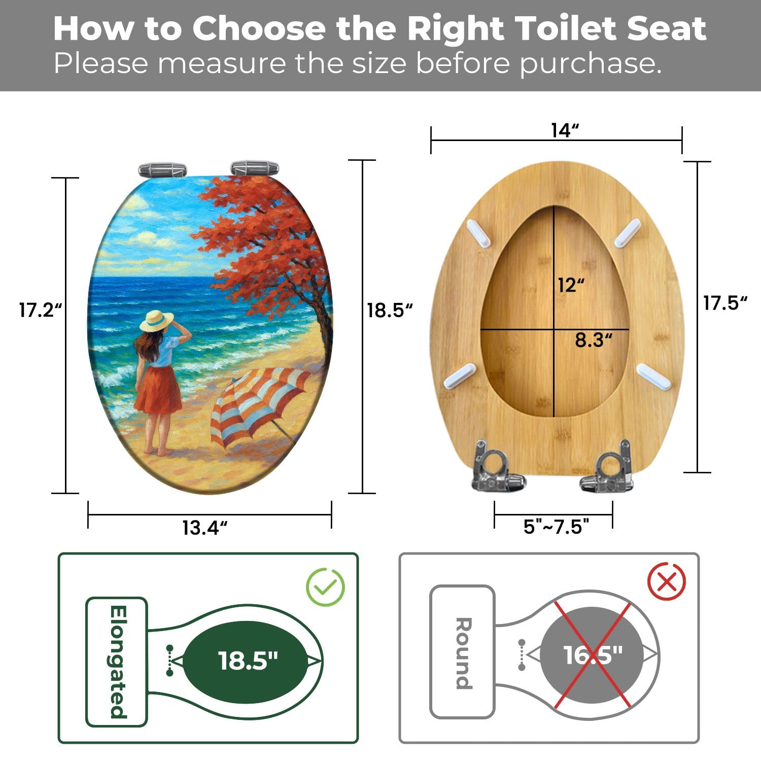 Sedile WC allungato decorativo in legno con copriwater, dipinto a olio con paesaggi marini, cerniere a sgancio rapido e chiusura silenziosa, facile da installare. Accessorio per il bagno.