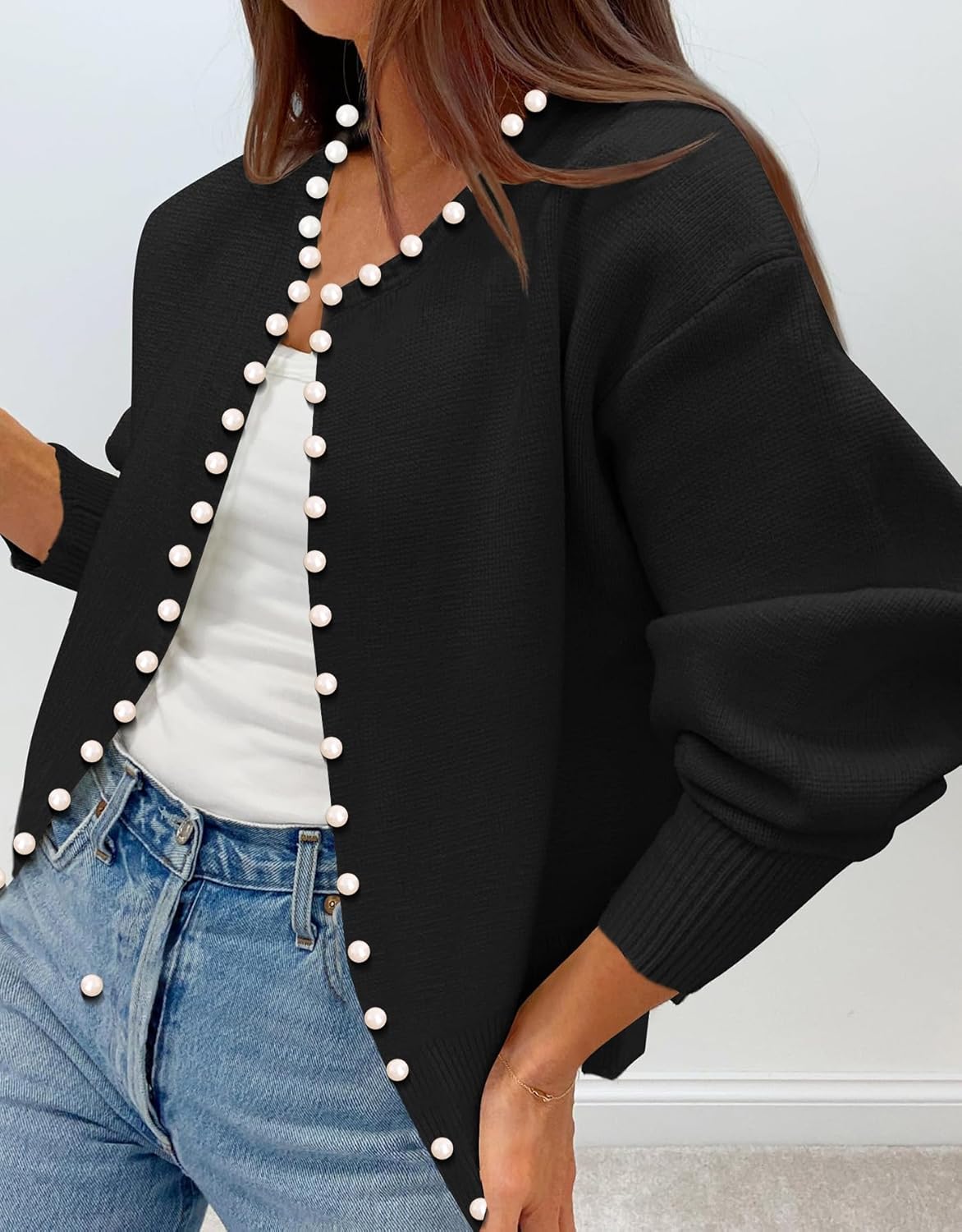 Kedera Womens Casual Pearl Cardigan 2025 Spring Elegant Embellished Long Sleeve Oversized Knit Sweater - Image 5