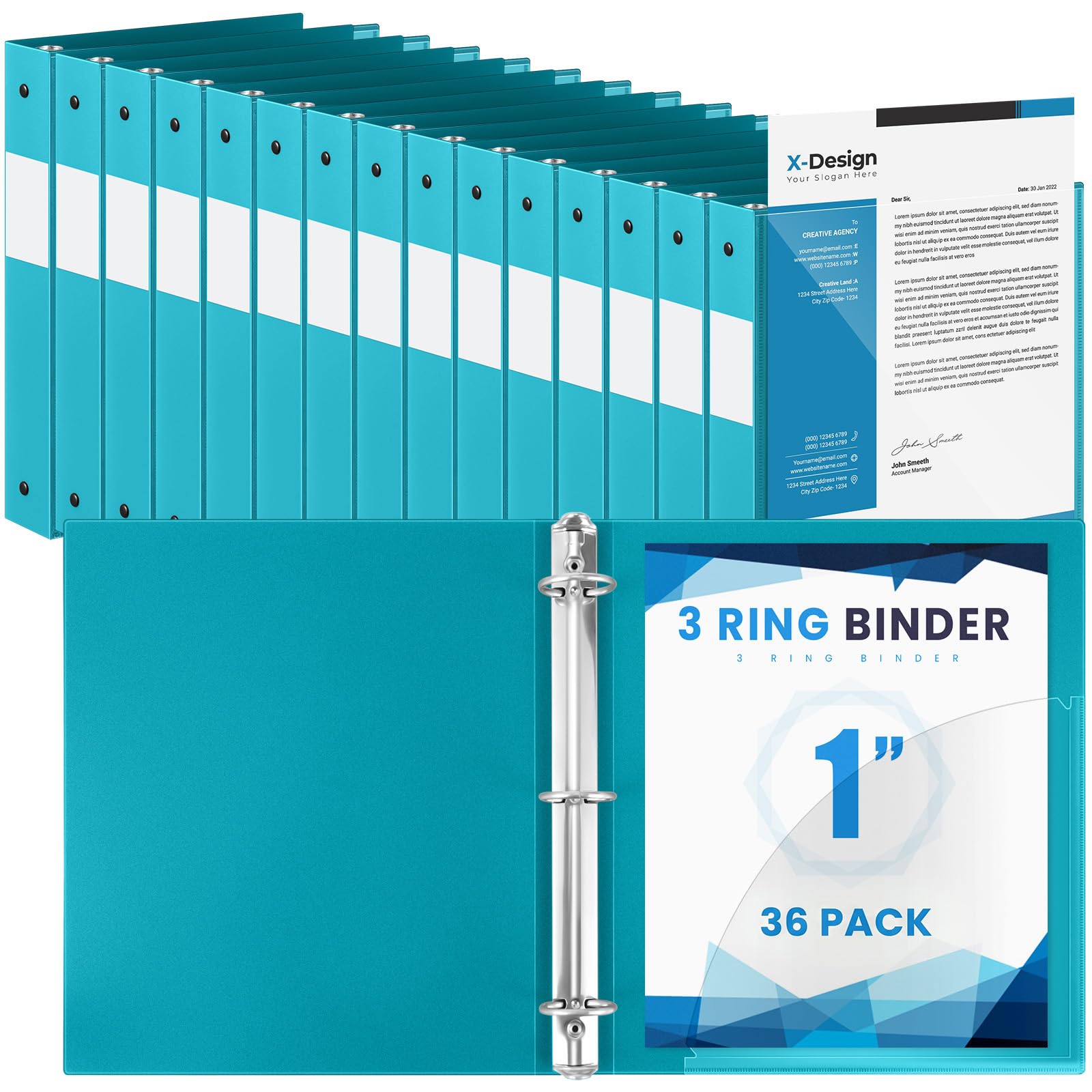 Henoyso 36 Pack 1 Inch 3 Ring Binder with Clear Cover Fit Letter Size 8.5" x 11" Paper Holds 240 Sheets, Bulk Binders for Organizing School, Office & Classroom Documents, 1 Pocket (Turquoise)