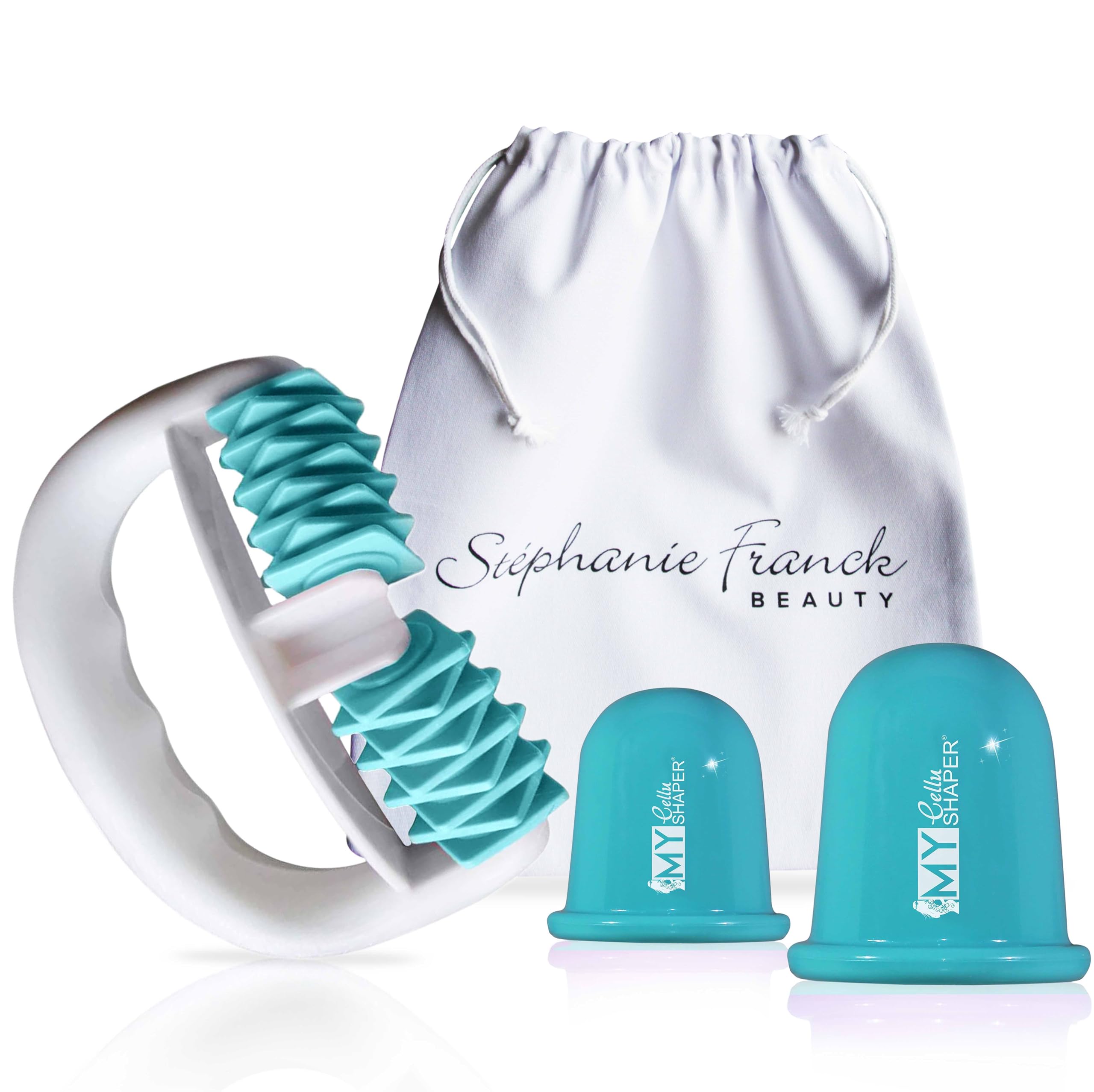 Kit Massage Anticellulite avec Body Roller My Body Shaper + 2 Ventouses My Cellu Shaper – Palper-Rouler, Drainage Lymphatique, Soin Jambes, Ventre, Cuisses, Fesses, Turquoise