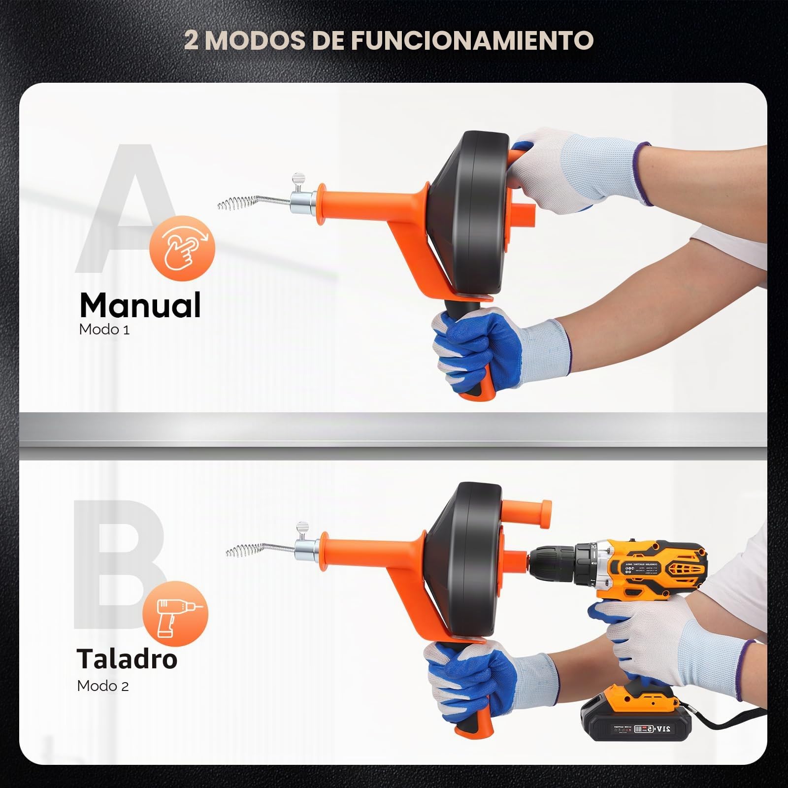 Desatascador Tuberias Profesional,10M Flexible Espiral Desatascar Tuberias para Fregaderos de Cocina, Baños y Duchas. Lncluye Guantes,Bolsa,Cepillo