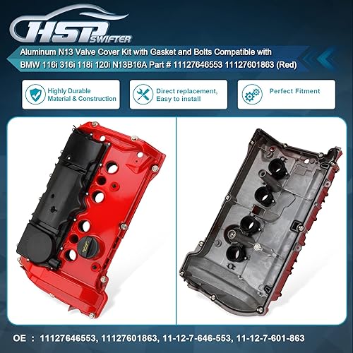 Miniatura 4 de Kit de cubierta de válvula N13 de aluminio con junta y pernos compatible con BMW 116i 316i 118i 120i N13B16A Parte 11127646553 11127601863 (rojo)