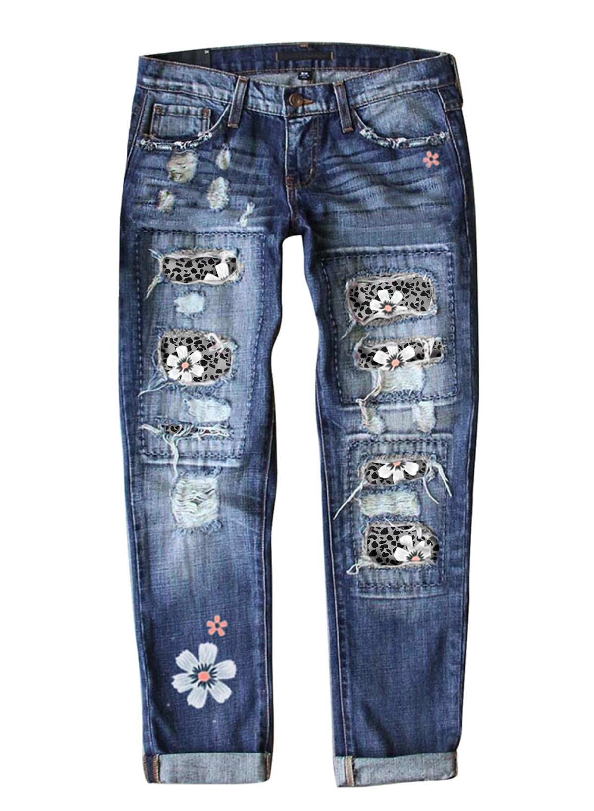 Astylish Womens Plaid Patch Ripped Boyfriend Distressed Stretch Skinny Denim Jeans with Hole