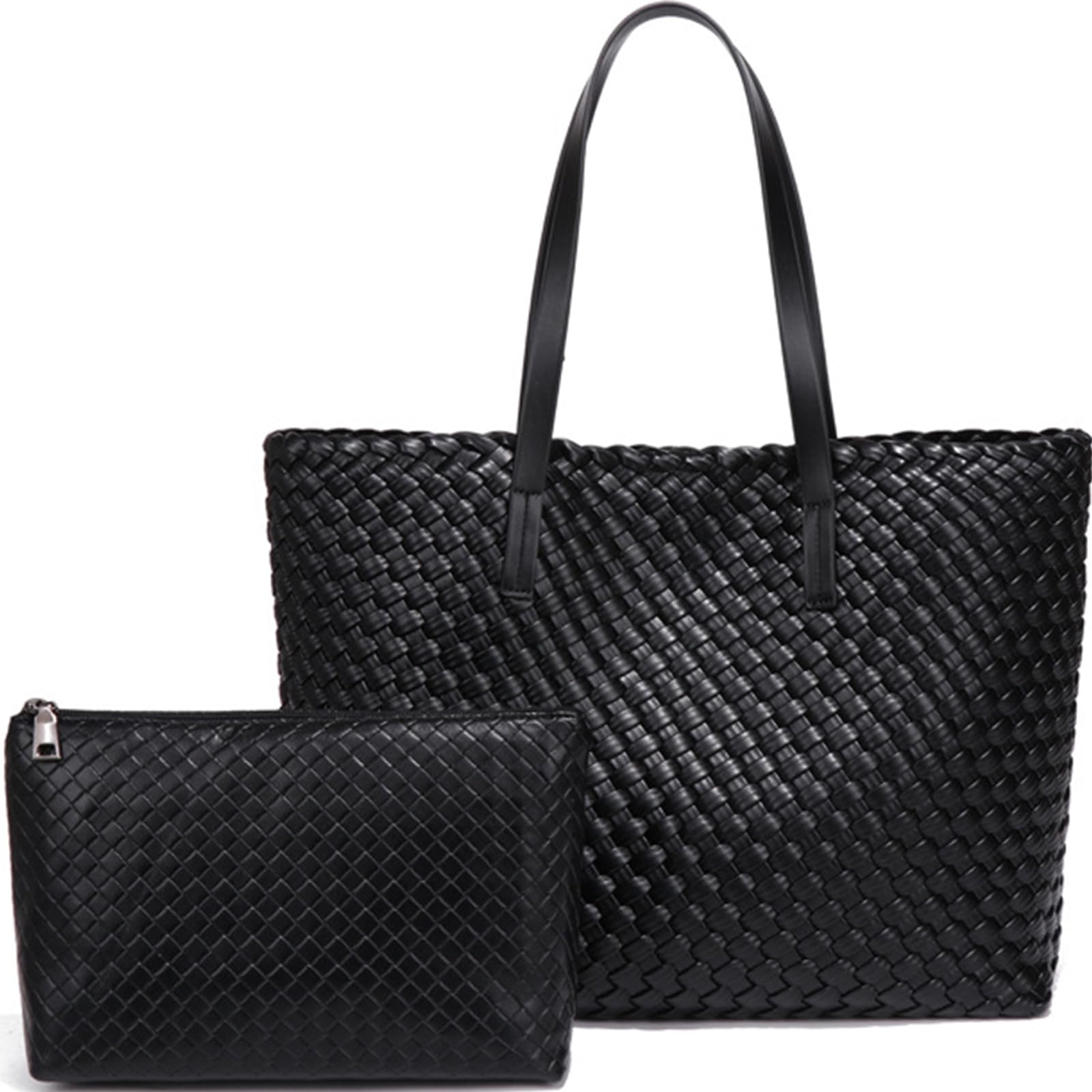 Large Capacity Shoulder Handbag Woven Leather Tote Bag with Matching Pouch Travel Lightweight