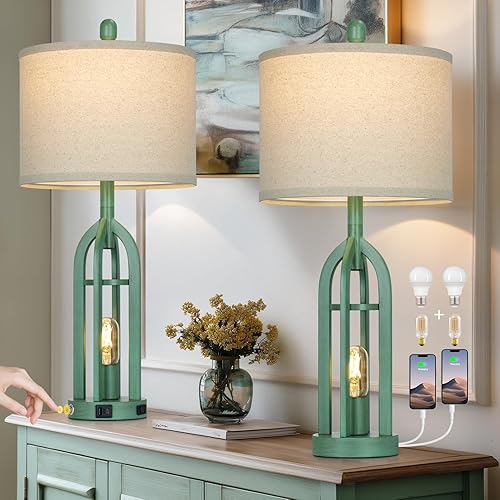 Miniatura 12 de Lámpara de mesa industrial de granja de 27", lámpara de mesita vintage rústica azul con puertos de carga USB A+C y salida AC, lámpara de noche de