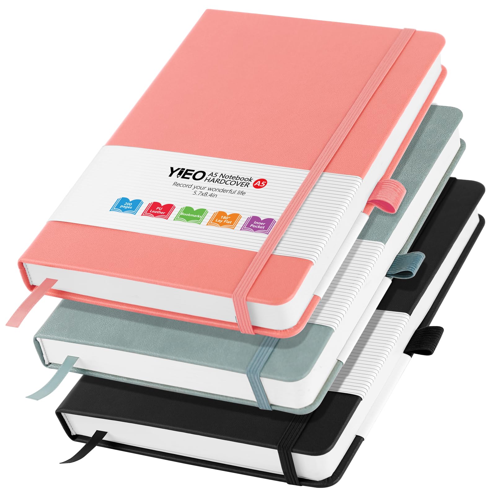 YIEO A5 Notebook, 3 Pack Notebook A5 200 Lined Pages 80GSM Journal Notebook Pu Leather Hardback Notepad with Elastic Loop