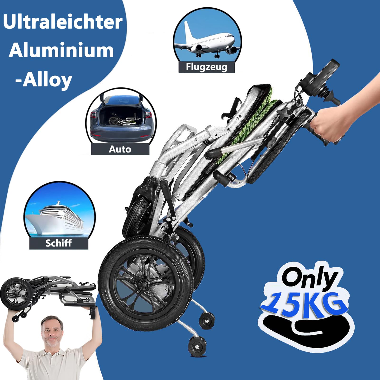 AMITD Elektrischer Rollstuhl Faltbar Leicht Luftfahrt-Zertifizierung, Elektrorollstuhl - 15 kg 20 km 400 W bis 120 kg, mit Doppelsteuerung 2 Li‑Akkus Intelligente Bremse, für Indoor & Outdoor Reise