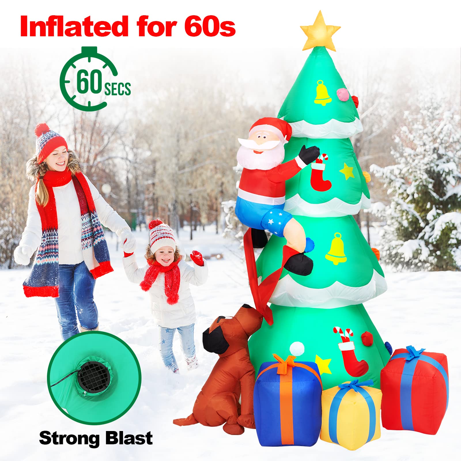 Litake 230CM Decoración Navideña Arbol de Navidad Inflable al Aire Libre Anciano y Perros con Luces LED, 7.5FT Jardín Patio Césped Decoración Navideña al Aire Libre