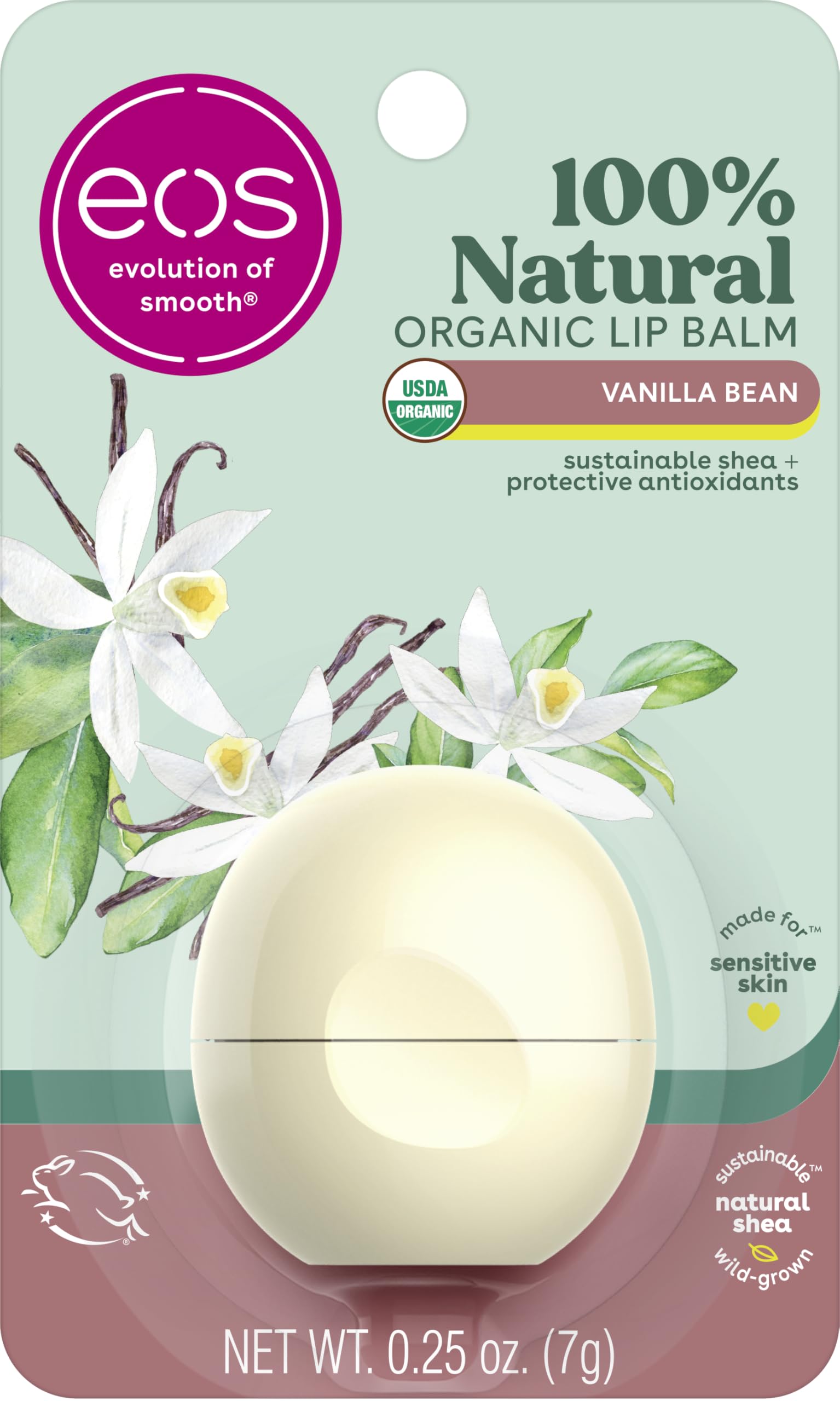 eos100% Natural & Organic Lip Balm Sphere- Vanilla Bean, All-day Moisture, Dermatologist Recommended for Sensitive Skin, Lip Care Products, 0.25 oz