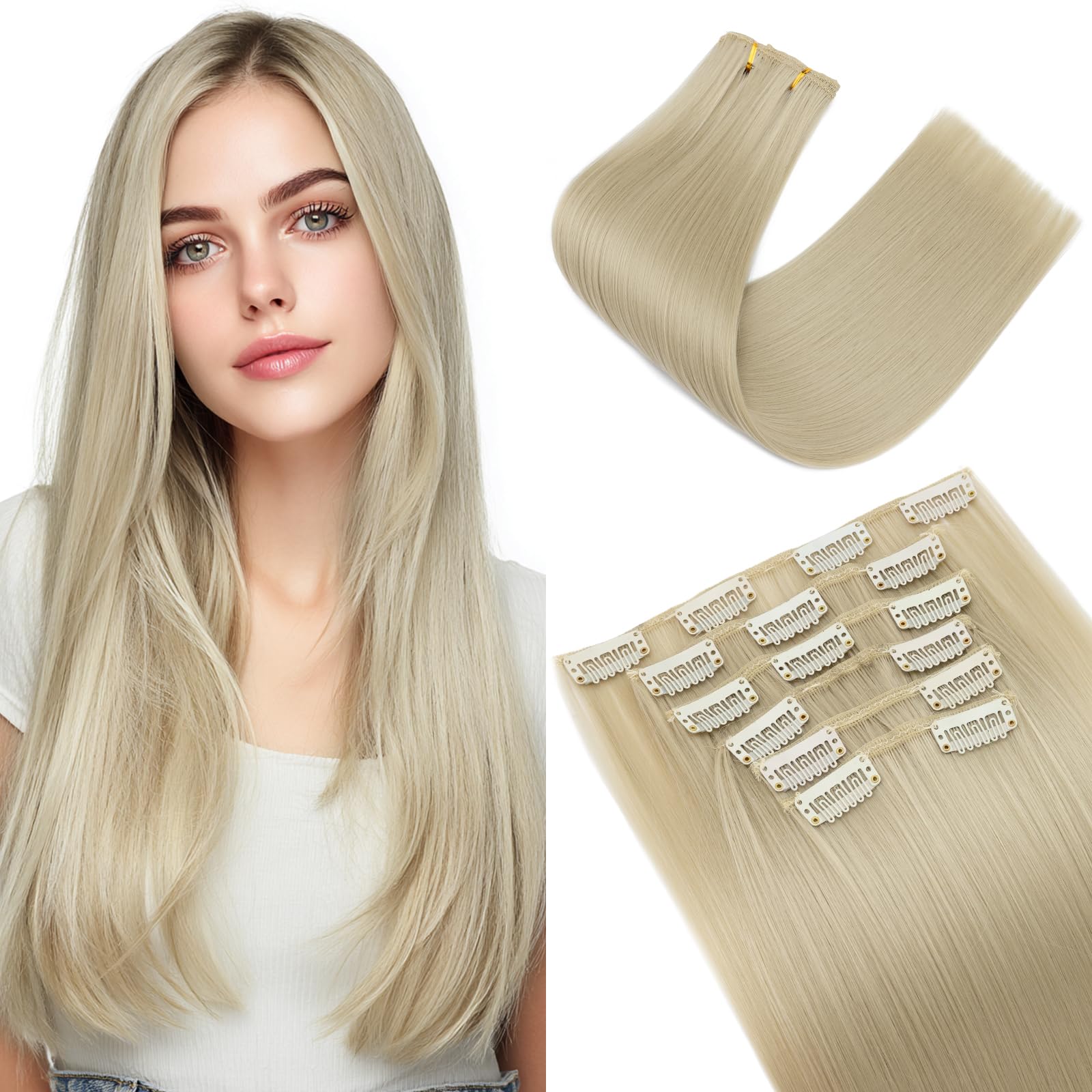 Elailite Extension Clip Capelli Lisci Hair Extensions Biondo Pallido, 6 Fasce Separate Colorate 60cm Capelli Finti Sintetici Set da 6pcs 140g