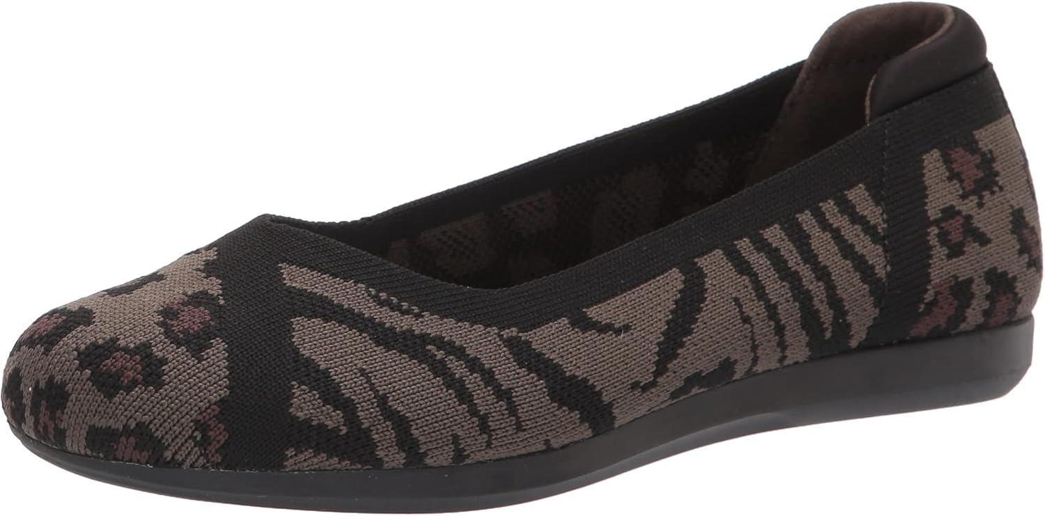 Clarks Women's Carly Wish Ballet Flat, Dark Olive Animal Print Knit, 9
