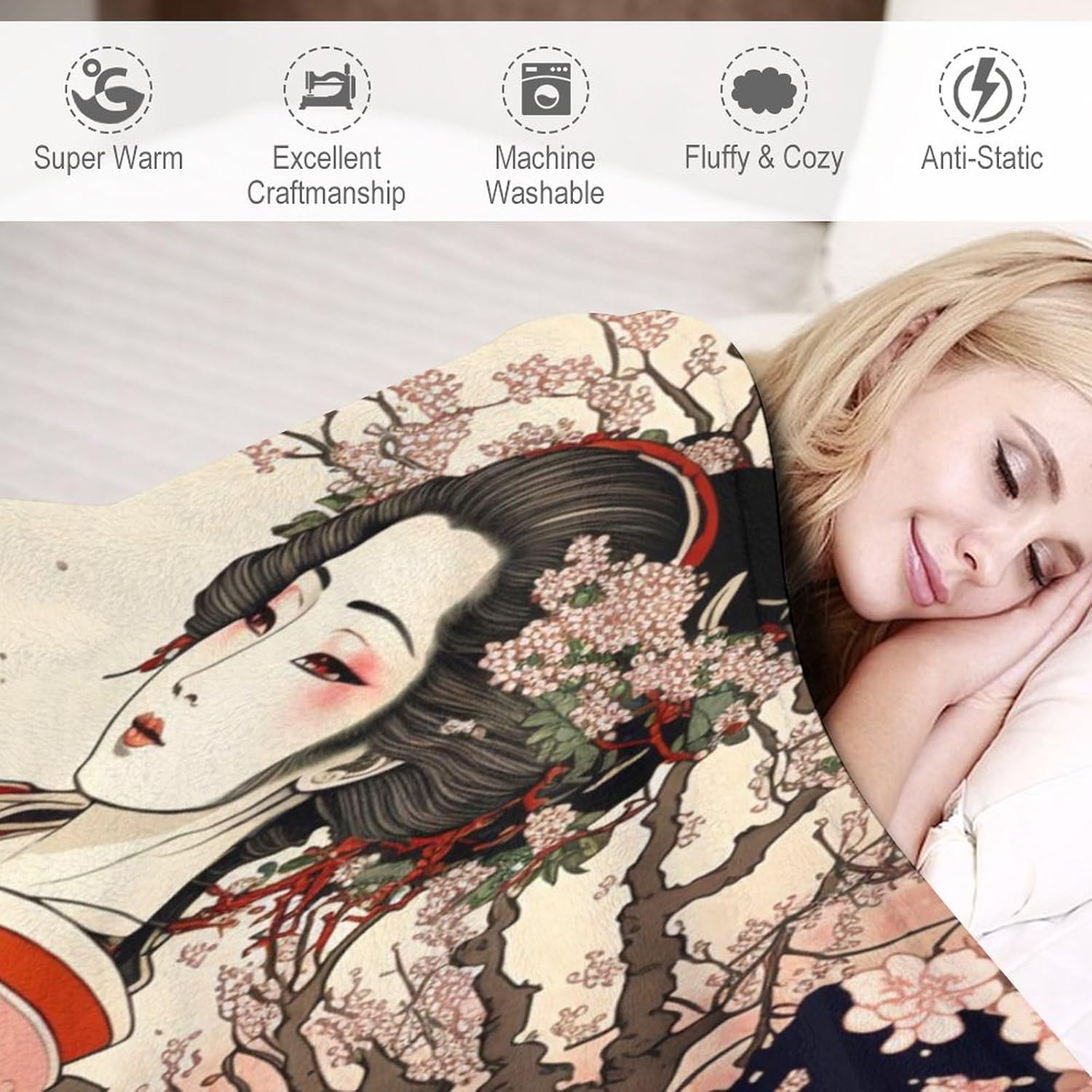 Japanese Bedding Fleece Blanket,Retro Beautiful Flower Japan Geisha Girls Cherry Blossoms Flannel Soft Warm Microplush Lightweight Thermal Throw Blankets for Sofa Bed Living Room Bedroom 50"x60"