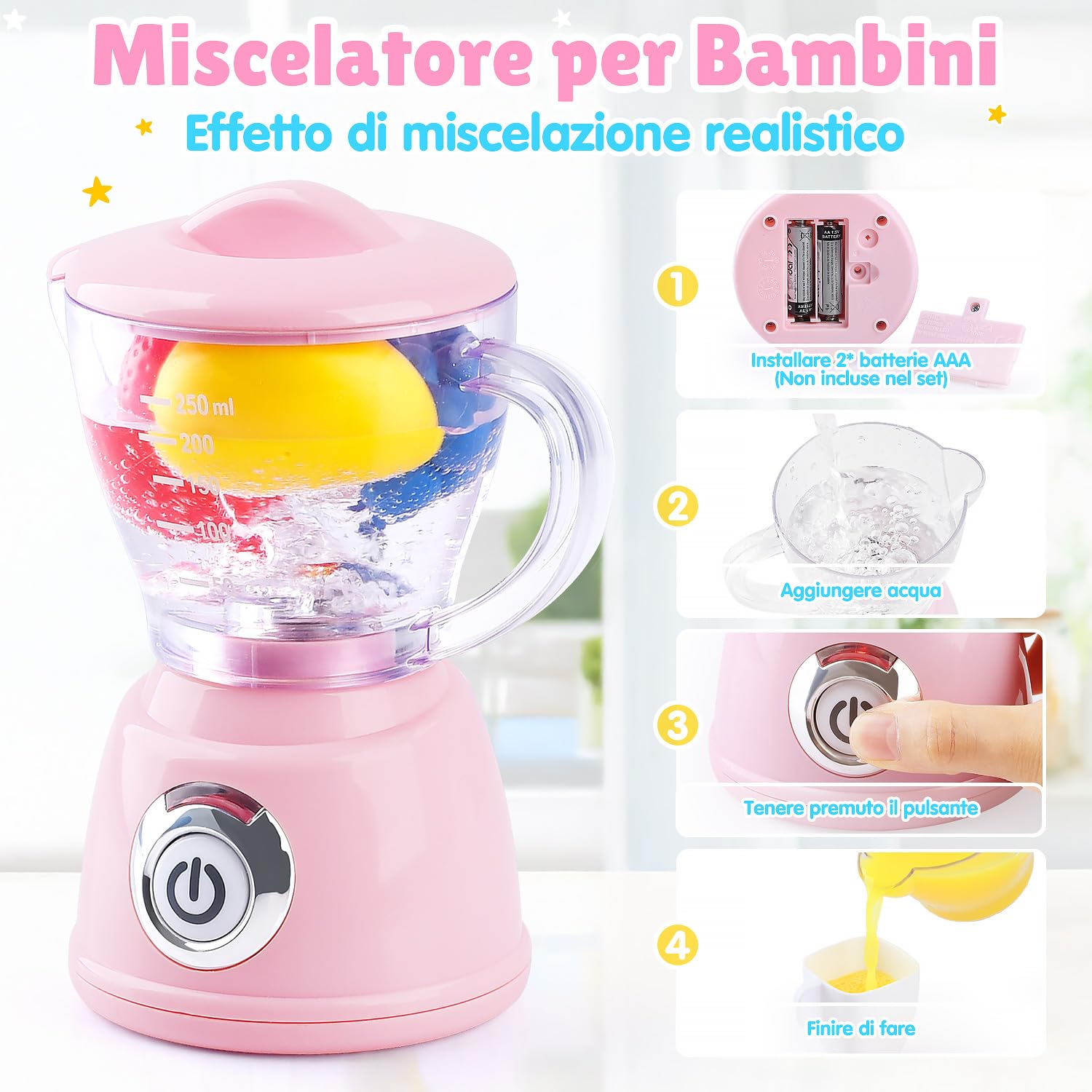 PLAY Accessori Cucina Bambini, Set di Accessori Cucina Giocattolo con Macchina Caffè Giocattolo, Mixer, Frullatore e Tostapane con Luci e Suoni, Kit Elettrodomestici Cucina per Bambini da 3+ (Rosa)