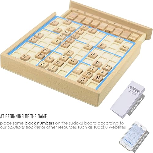 Miniatura 5 de KAILIMENG Juego de mesa Sudoku de madera con cajón, rompecabezas de madera de 81 rejillas para niños y adultos (línea azul)