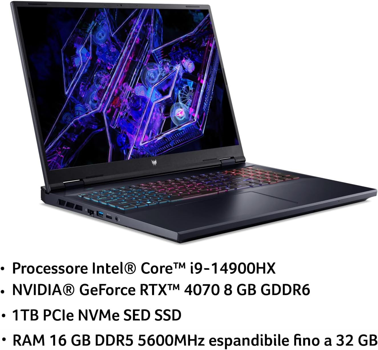 Acer Predator Helios Neo 18 PHN18-71-91A1 Notebook Gaming, Intel Core i9-14900HX, RAM 16 GB DDR5, 1 TB SSD, Display 18" WQXGA IPS 165 Hz DDS, NVIDIA GeForce RTX 4070 8 GB GDDR6, Windows 11 Home - Immagine 2