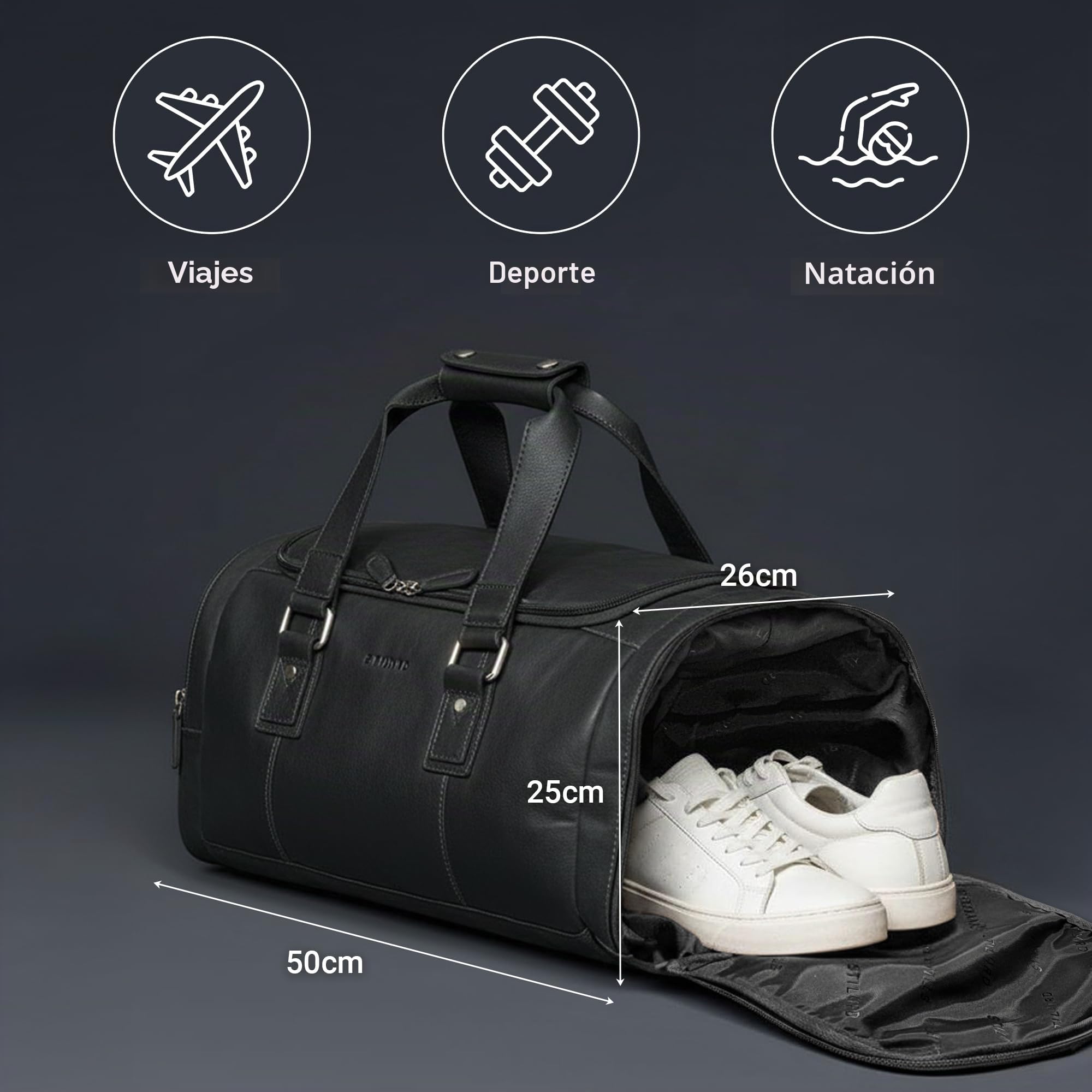 STILORD Salvador Bolsa de Viaje Hombre de Cuero con Compartimento para Zapatos Duffle Bag 30L – Pequeño Equipaje de Mano Travel Bag Piel Autentica para Viaje y Deporte Color:Negro