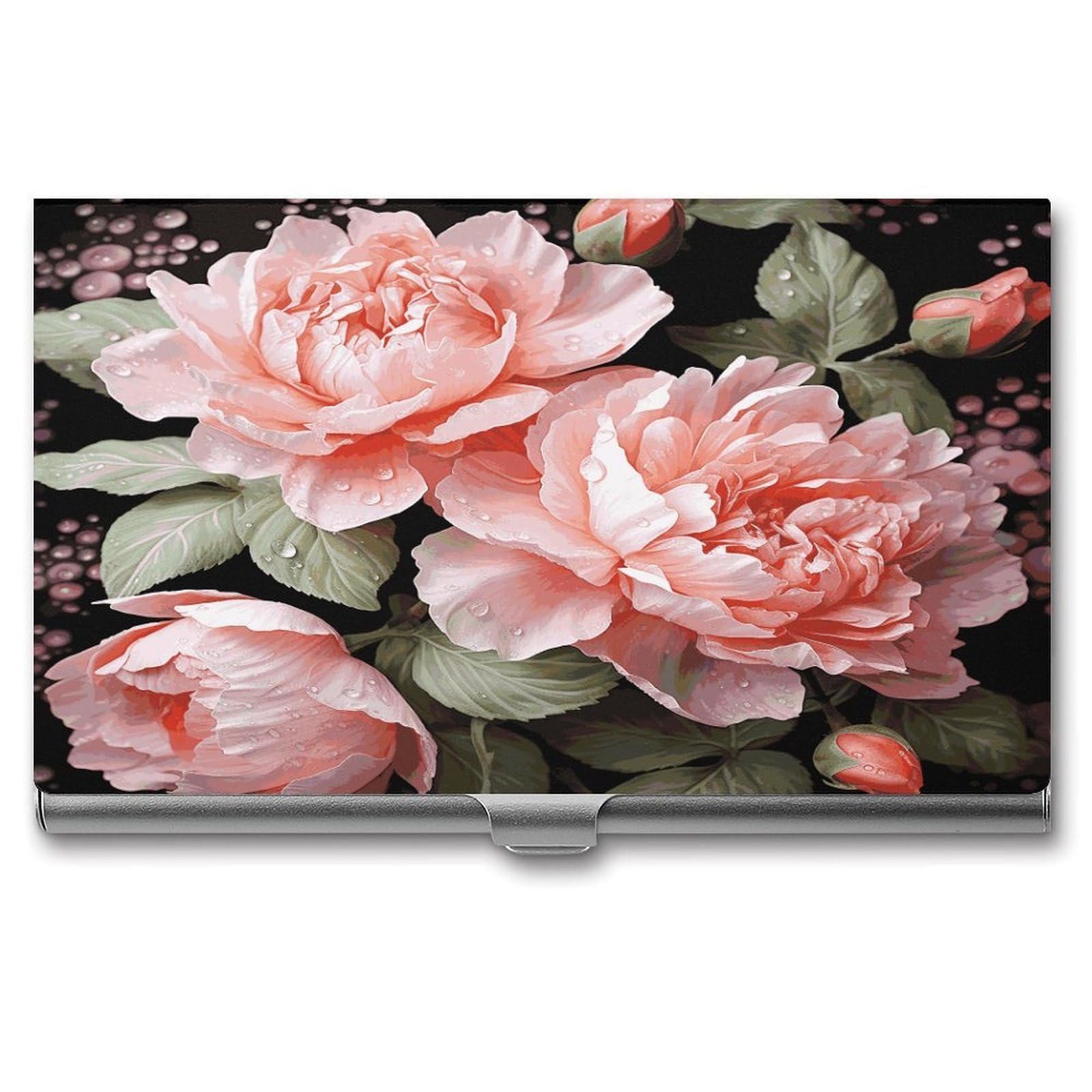 JTREHY Peony Flowers Rose Business Card Holder Slim Purse Name Card Holder Portable Metal Business Card Case Wallet Large Capacity Lightweight Business Card Case for Men Women