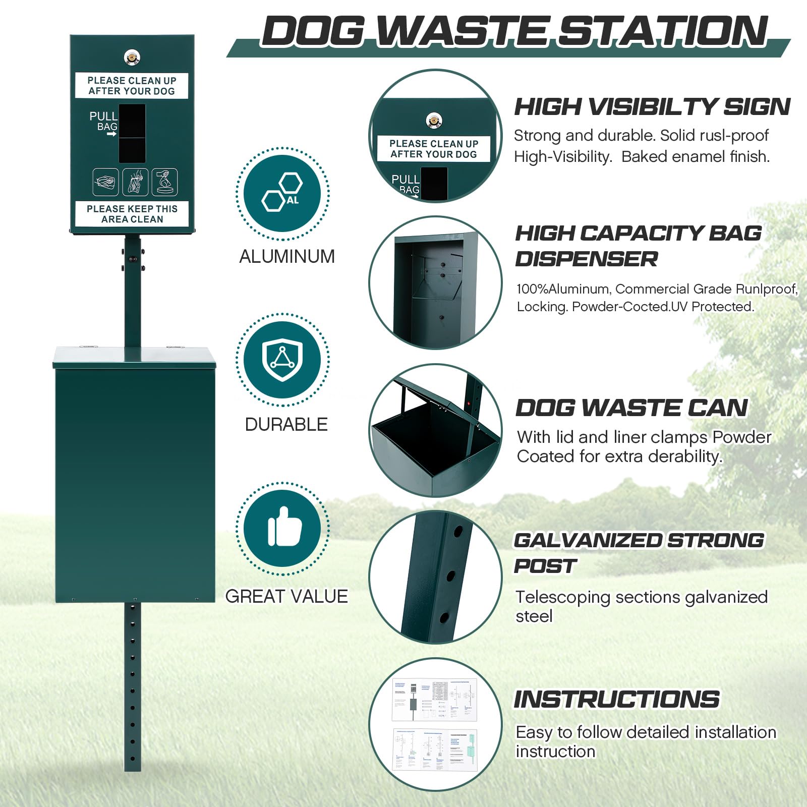 Blulu Estación de residuos para mascotas, cubo de basura de acero galvanizado para perros con dispensador de basura para excrementos y 600 forros de latas, letrero reflectante a prueba de óxido para