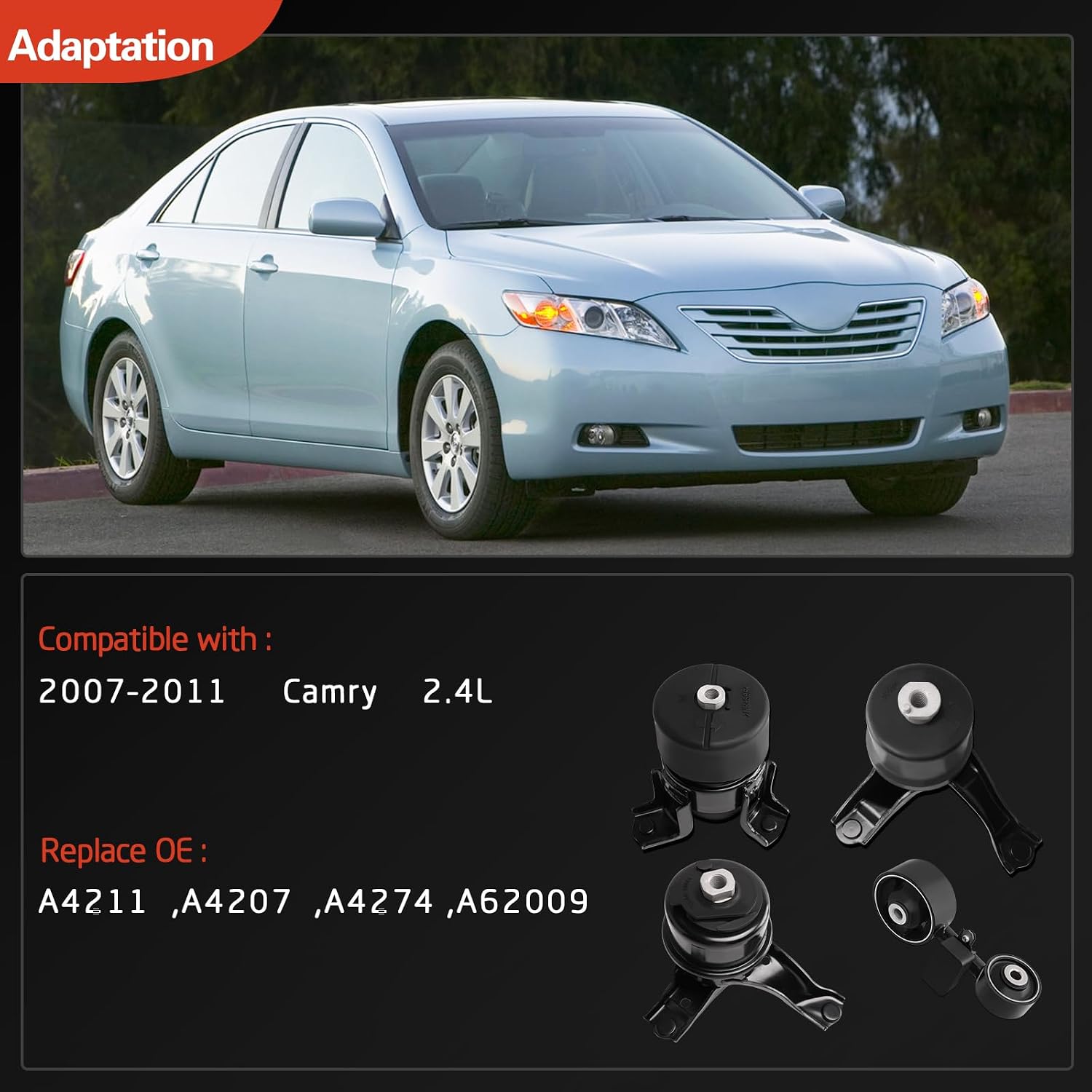 Engine Motor & Transmission Mounts Compatible with Camry 2.4L 2007 2008 2009 2010 2011 Engine 4Pcs, Replace# A62009 A4211 A4274 A4207