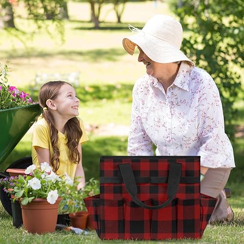 Miniatura 6 de Bolsa de herramientas de jardín retro a cuadros para mujeres y hombres, bolsas de almacenamiento de herramientas de jardinería con 10 bolsillos,