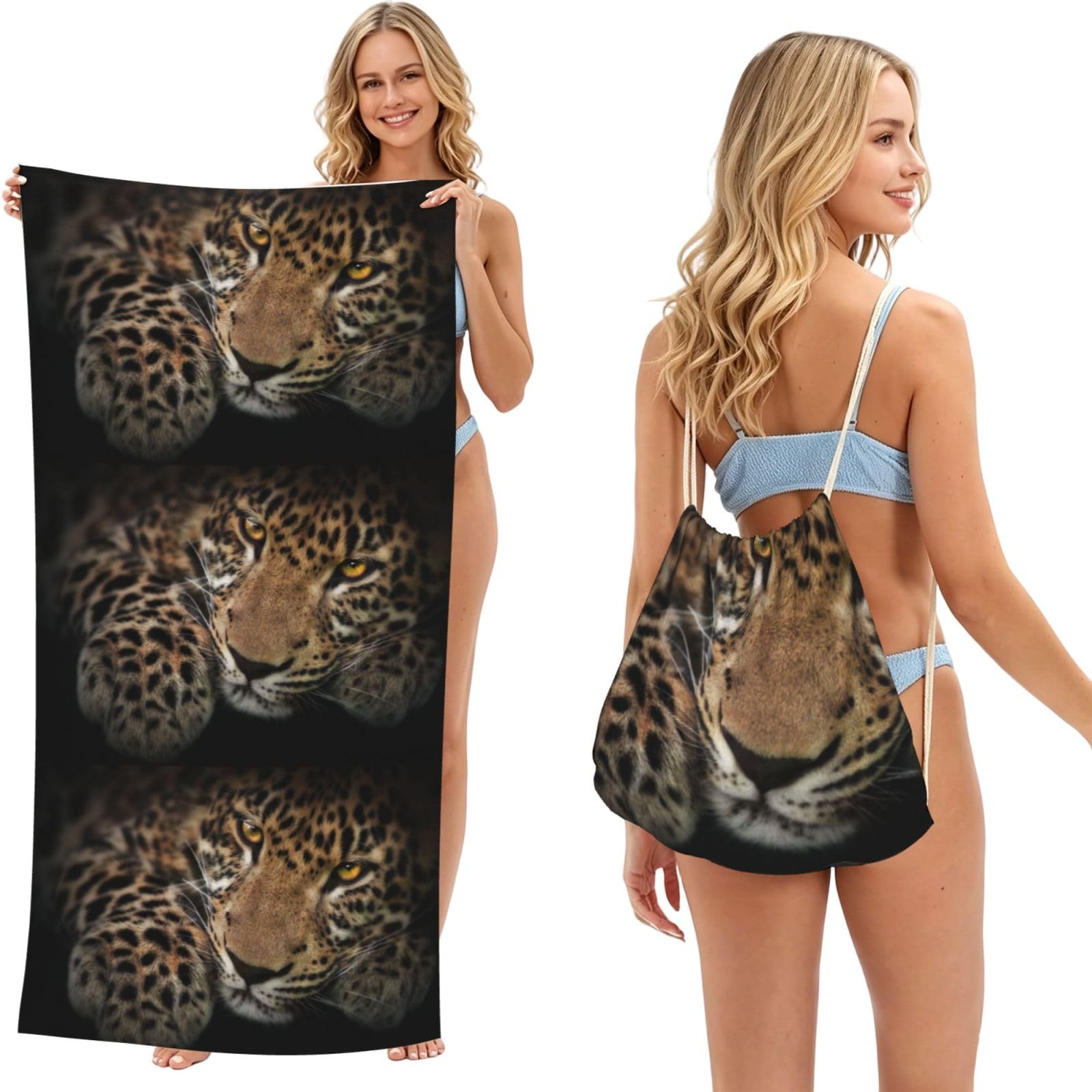 Poadnly As Picture Leopard, 2 In 1 Packable Towel Bag, Beach Towels With Drawstring Backpack For Travel Holiday Camping