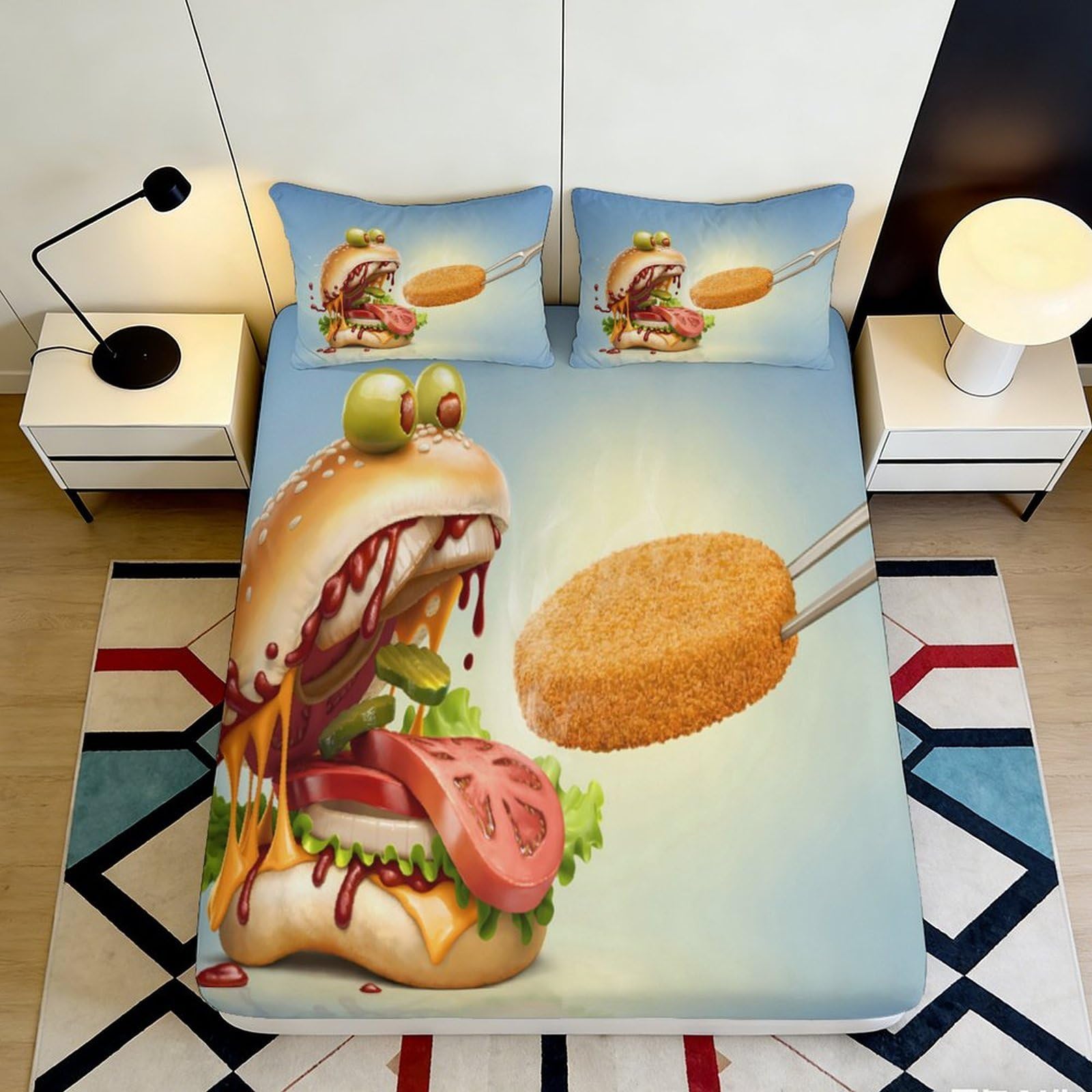 3D Printed Burger Pattern Fitted Sheet Microfiber Deep Pocket Bedroom Bedding Set Non-Slip Hamburger Mattress Fitted Cover for Adults Teens 120x200x25cm