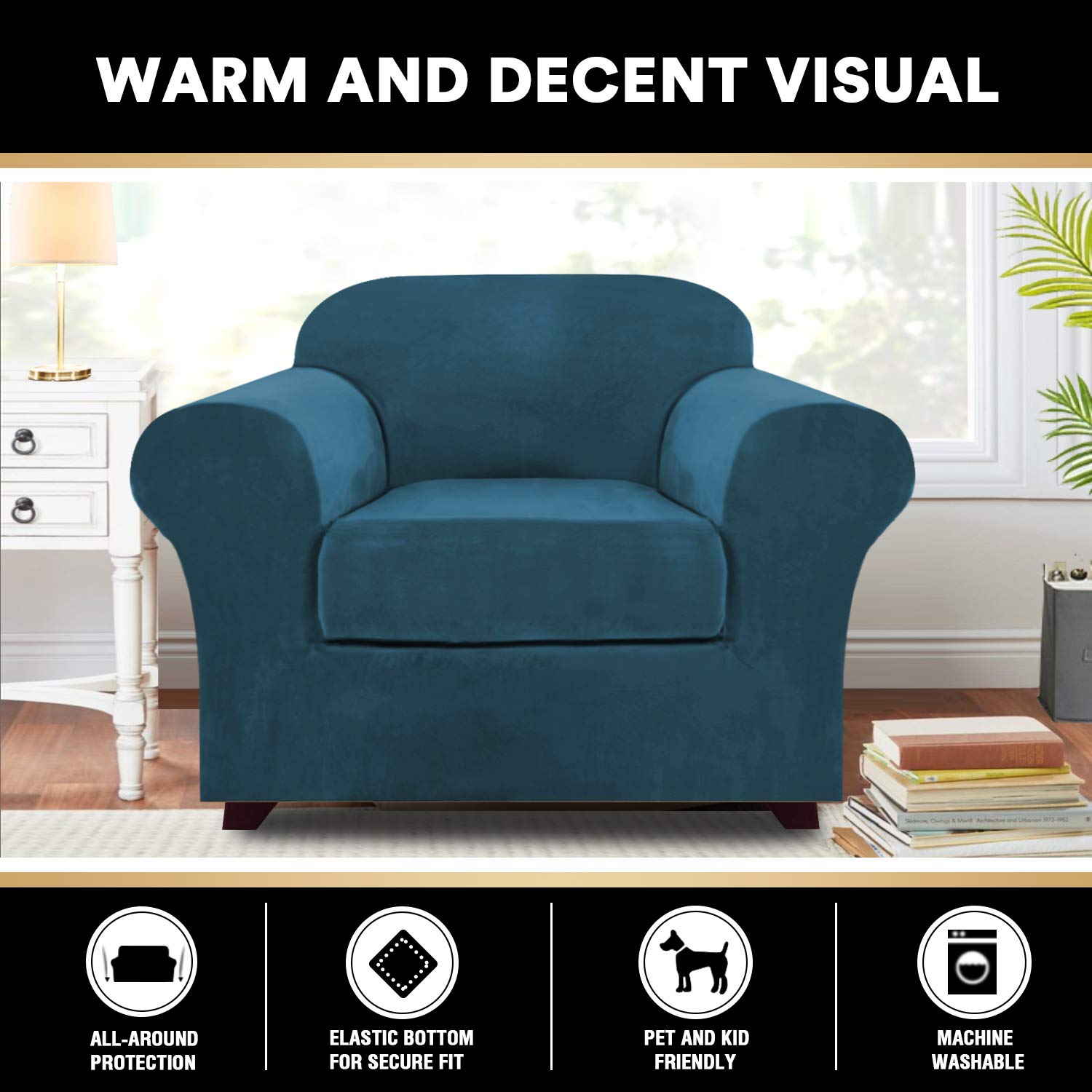 Housse De Fauteuil En Velours 2 Pièces Avec Housse Coussin - Bleu Tibétain - Extensible Et Lavable